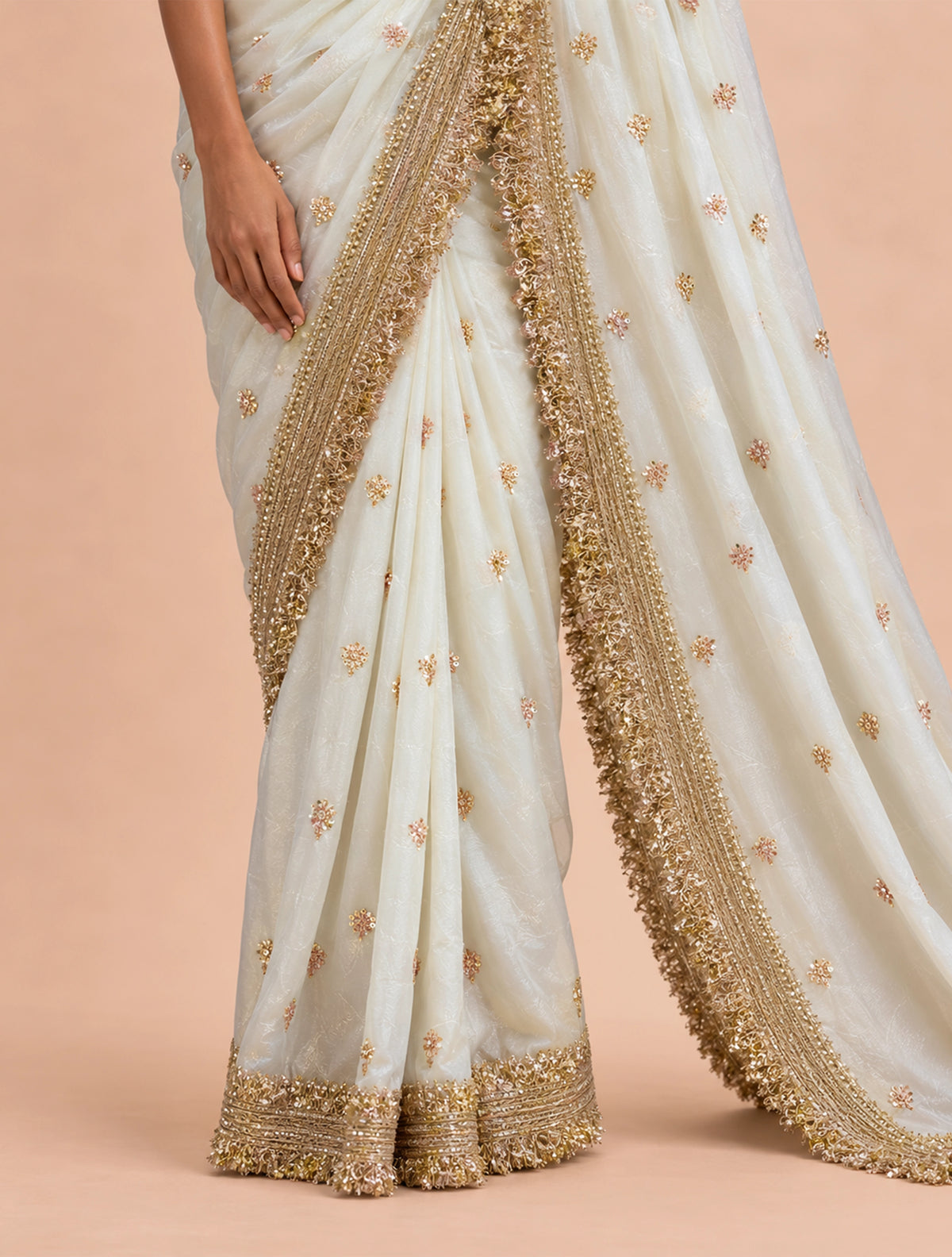 trueBrowns Ivory Embroidered Satin Tissue Saree With Unstitched Blouse