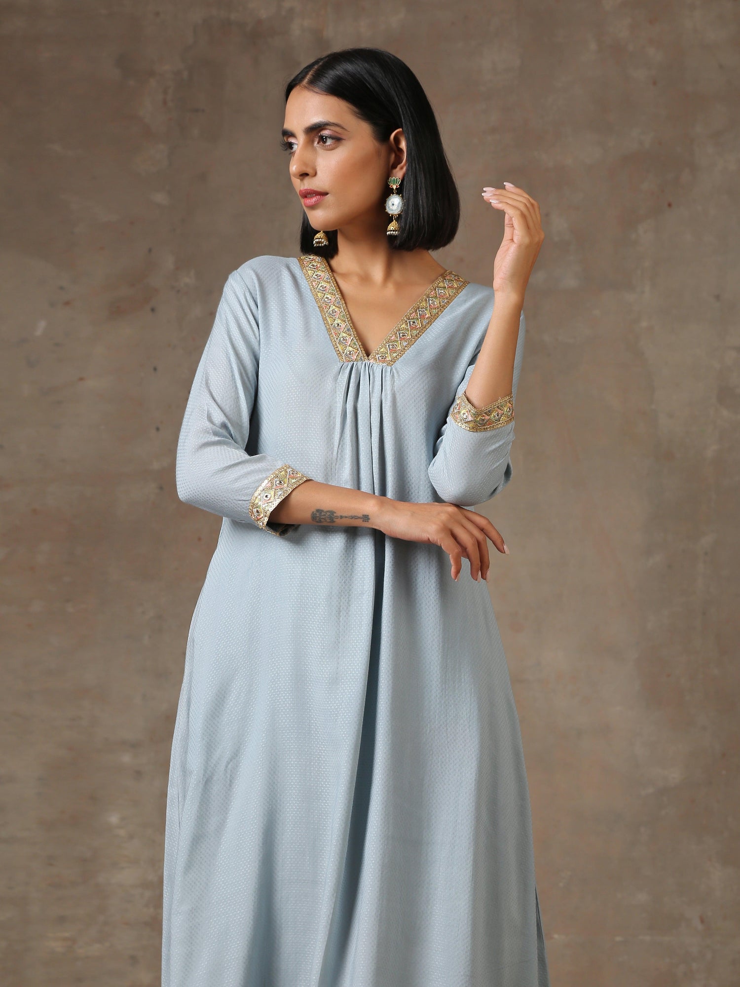 The Daphne - Light Blue Solid Textured Kurta Pant Set - trueBrowns