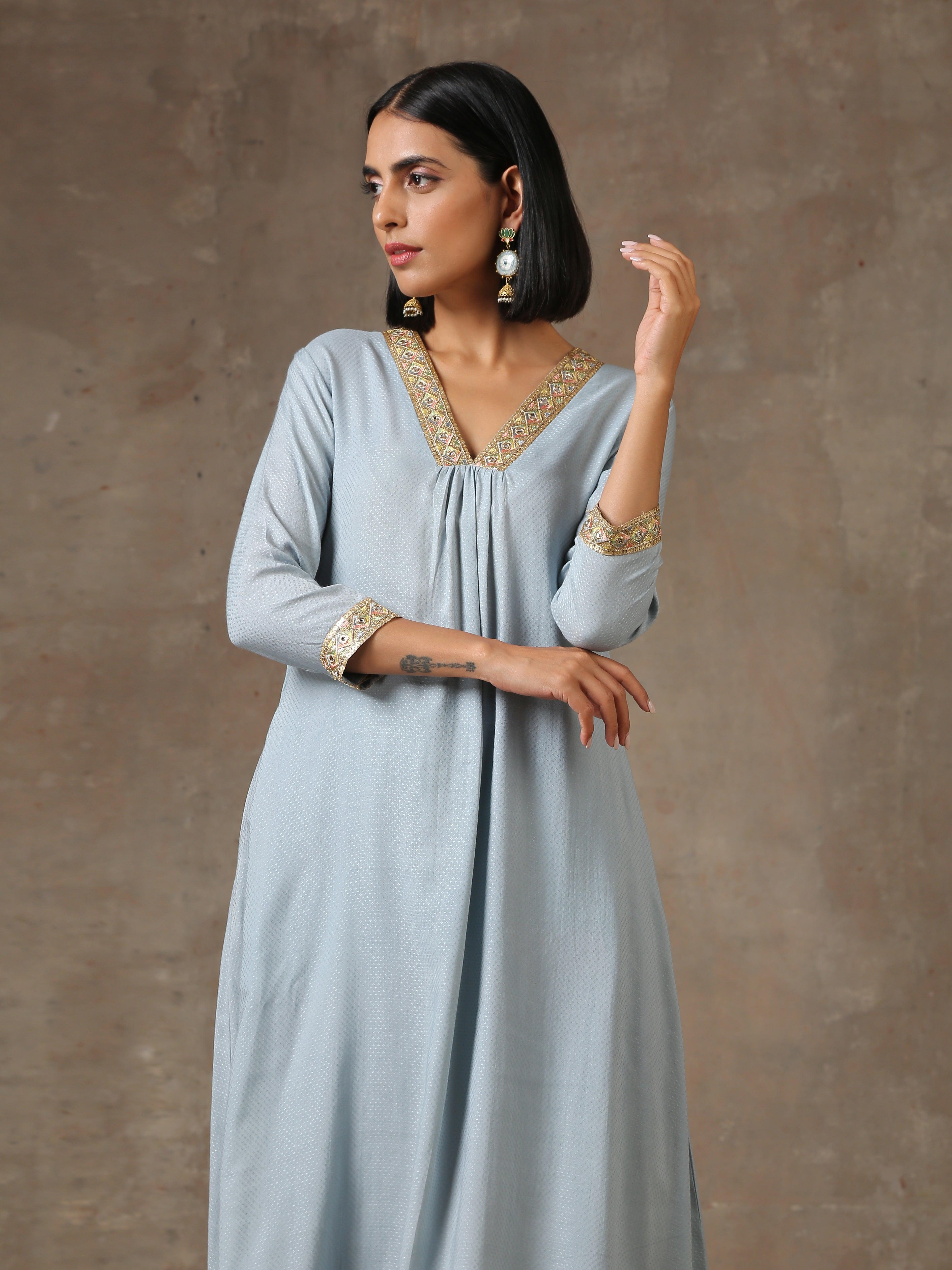 The Daphne - Light Blue Solid Textured Kurta Pant Set - trueBrowns