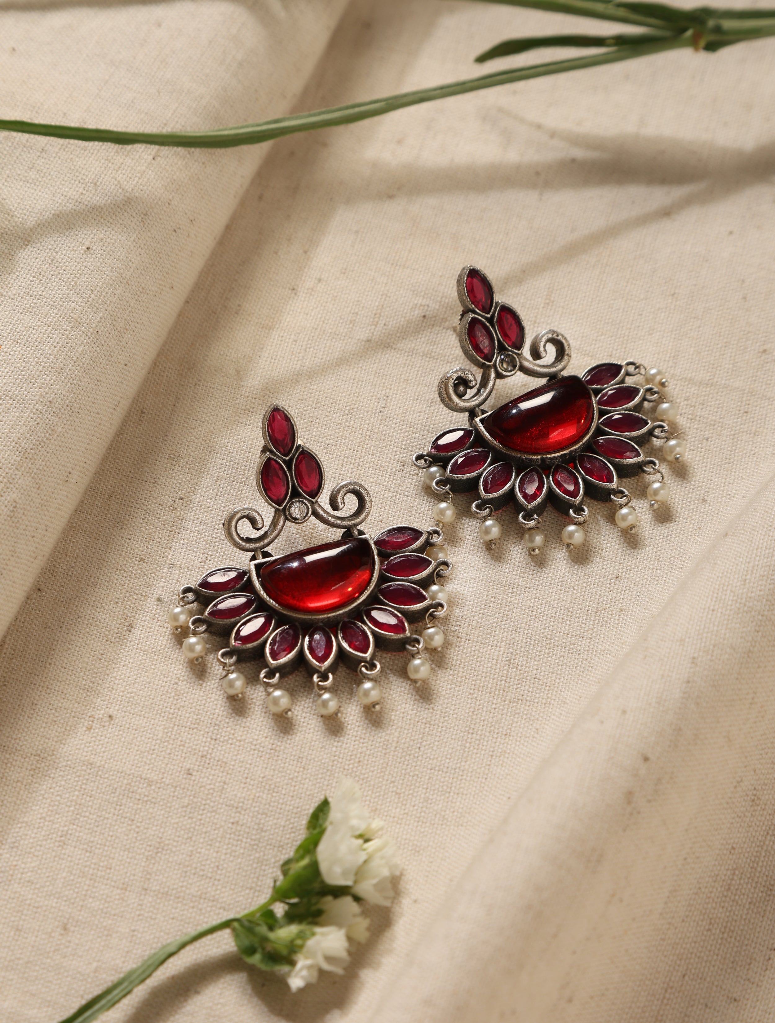 trueBrowns Silver Half Circular Stone Earrings
