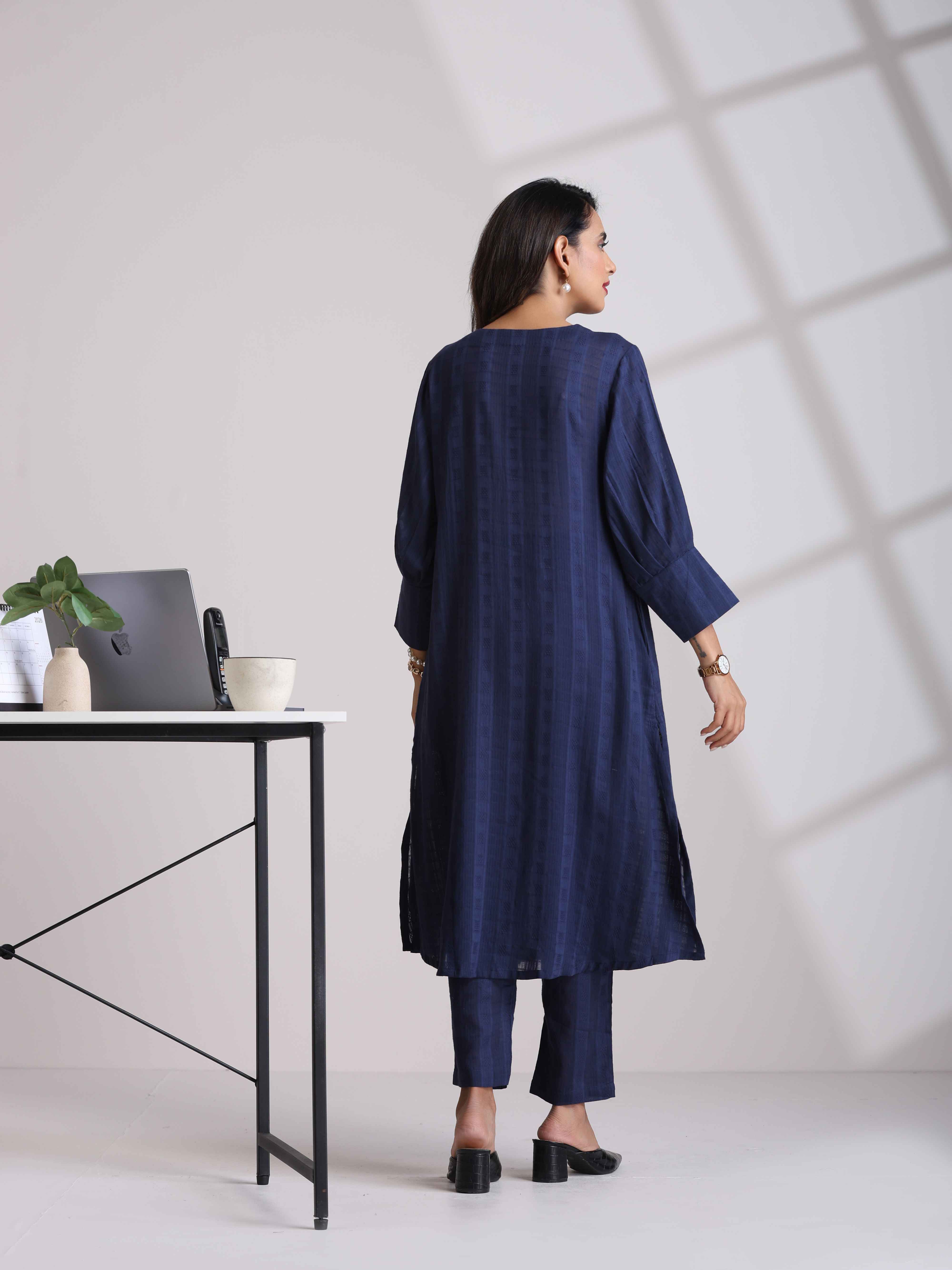 trueBrowns Blue Cotton Dobby Kurta Pant Set