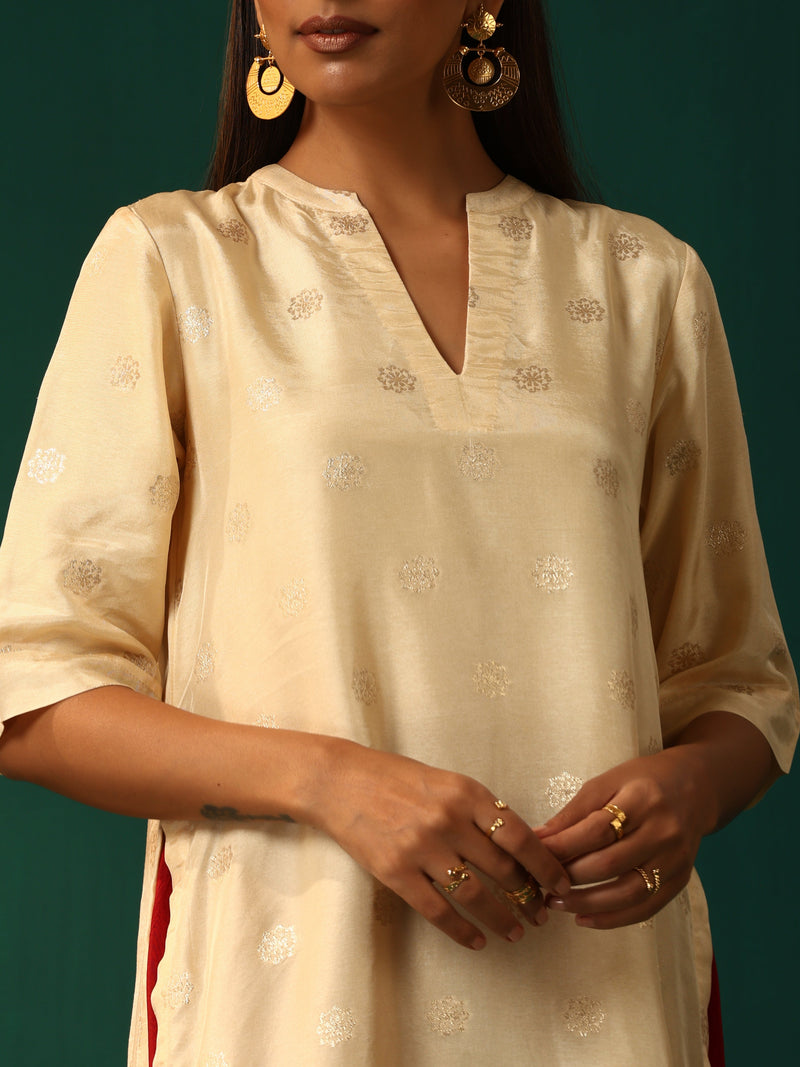 trueBrowns Ivory Geometric Floral Viscose Silk Kurta Pant Set