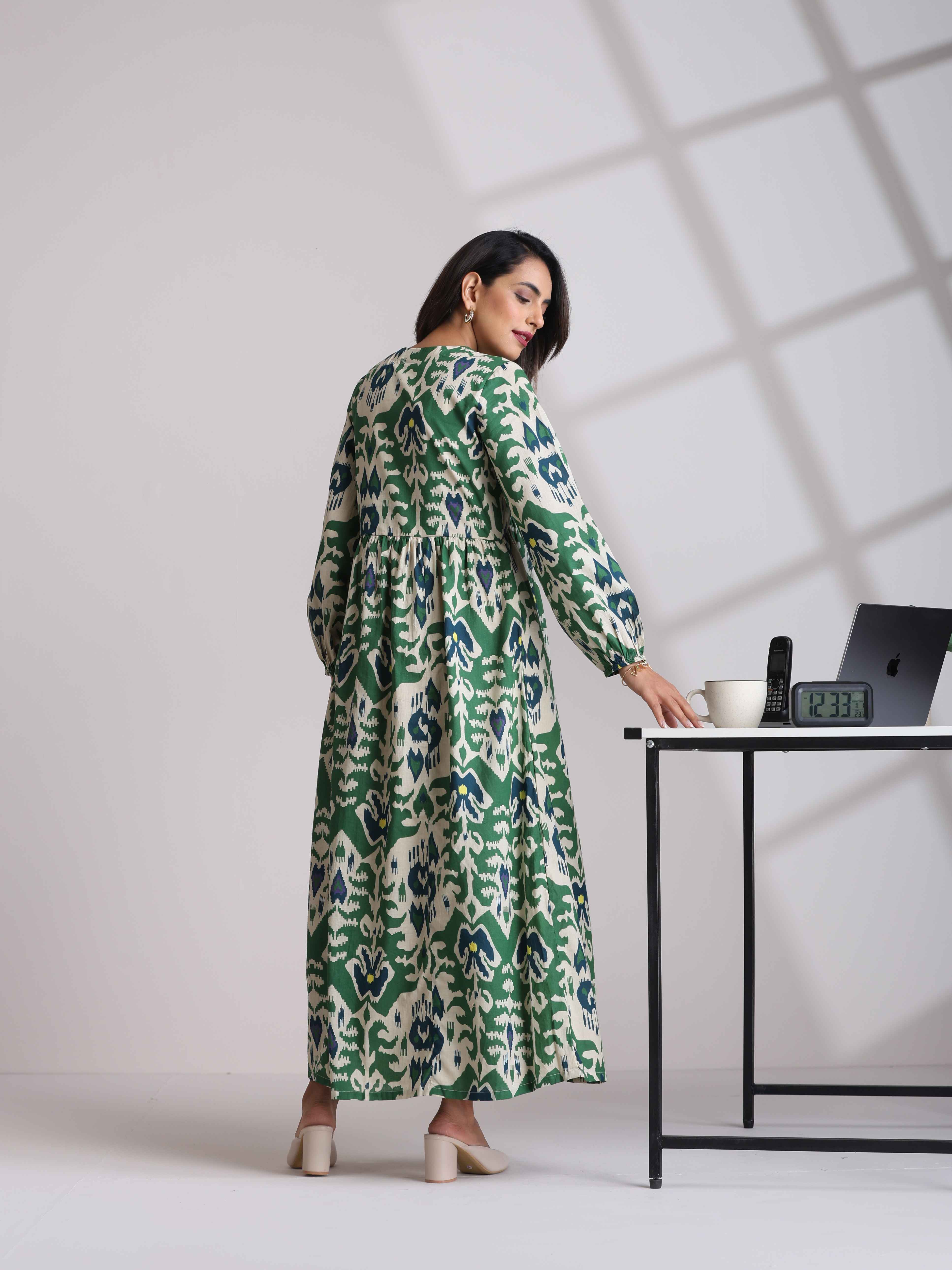 trueBrowns Green Cotton Ikat Flared Dress
