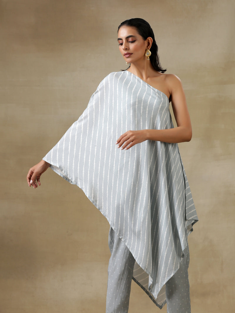 Grey Bandhani Printed Silk One-Shoulder Kurta Pant Set