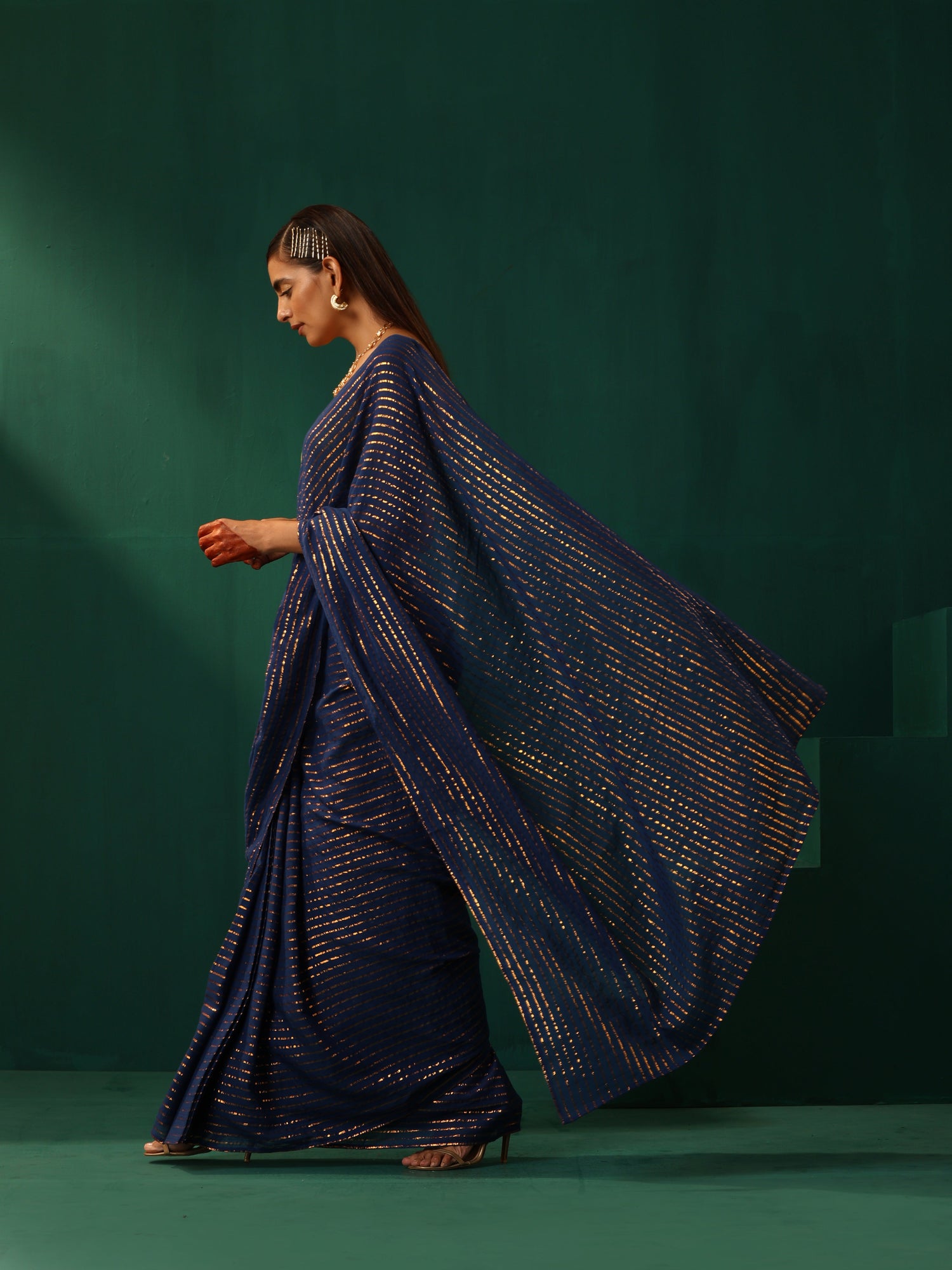 trueBrowns Royal Blue Cotton Gold Striped Ready To Wear Saree