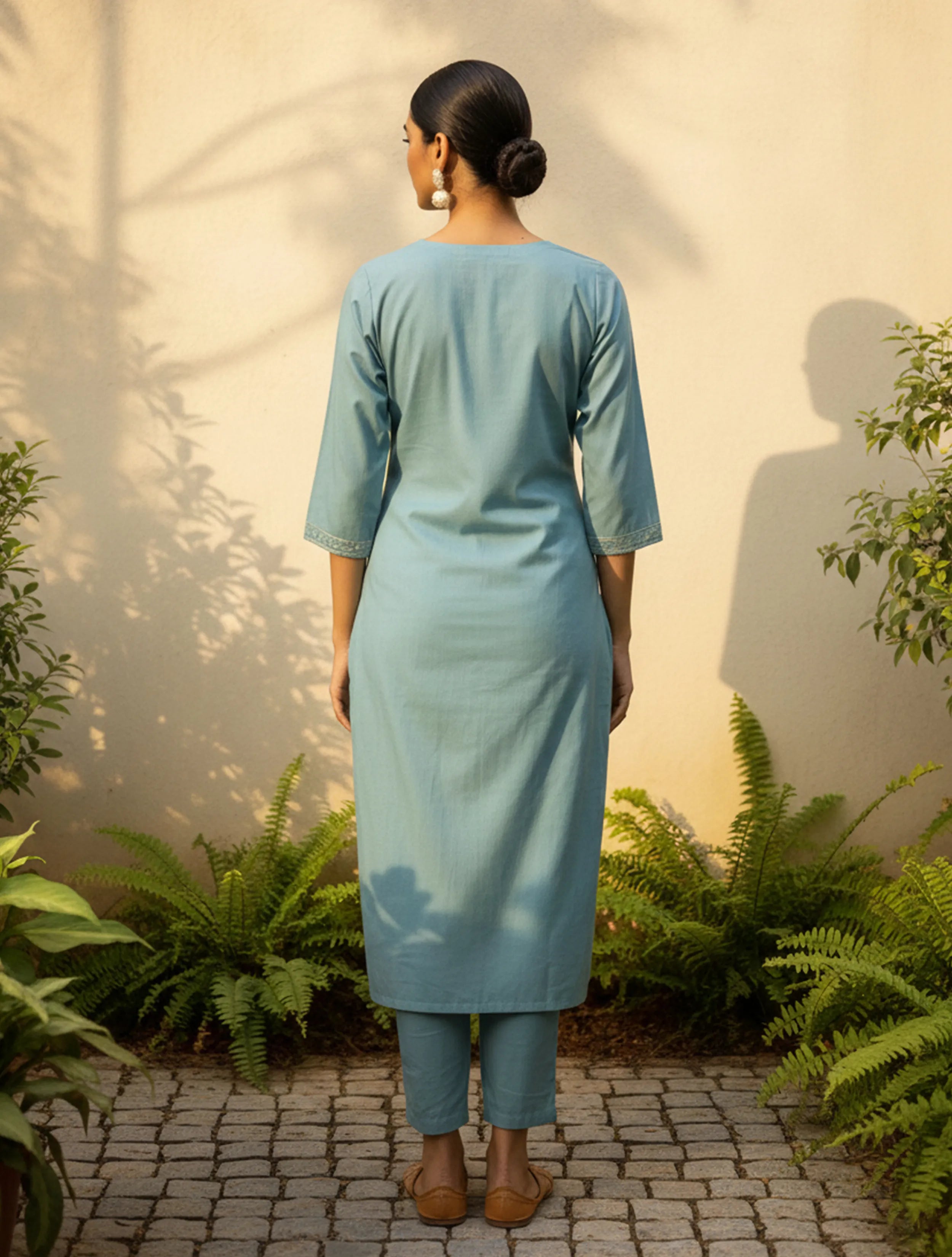 trueBrowns Light Blue Embroidered Straight Kurta Pant Dupatta Set