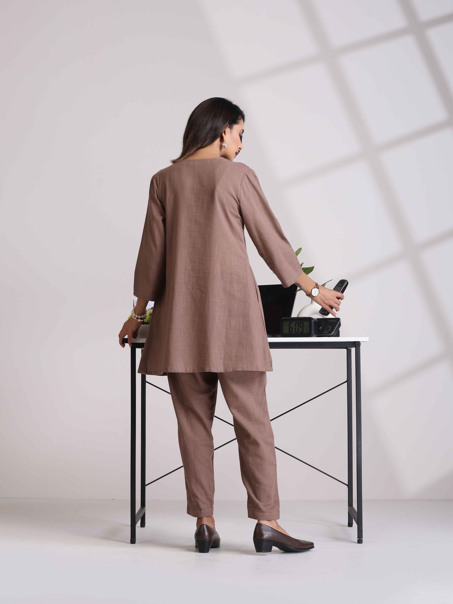 Cotton Linen Burnt Brown Pleated Co-Ord Set