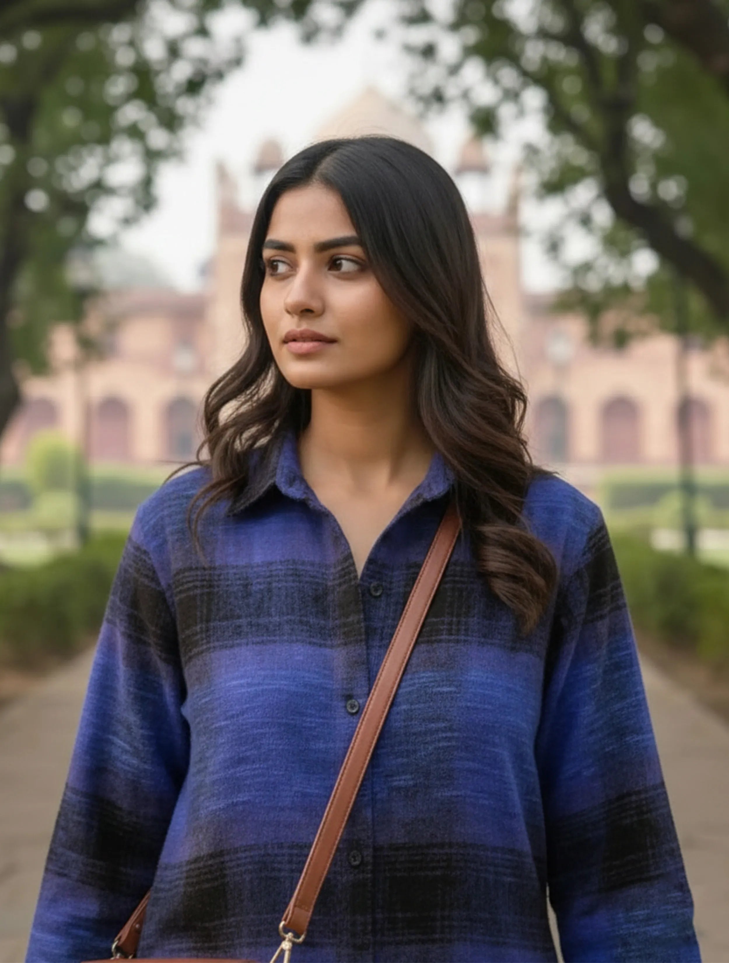 trueBrowns Purple Black Check Woollen Long Shirt Dress