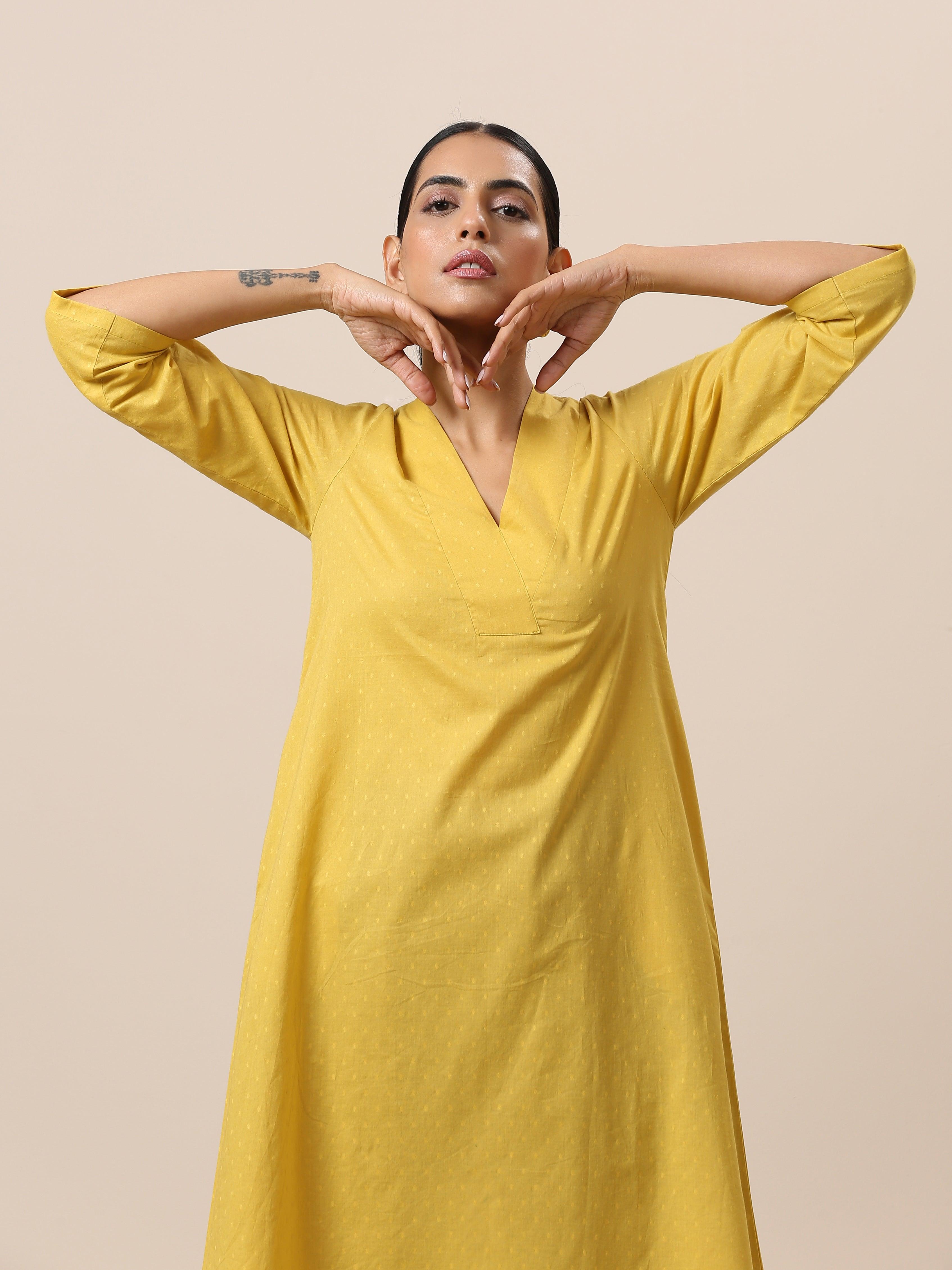 Cotton Dobby Yellow Kurta Pant Set - trueBrowns