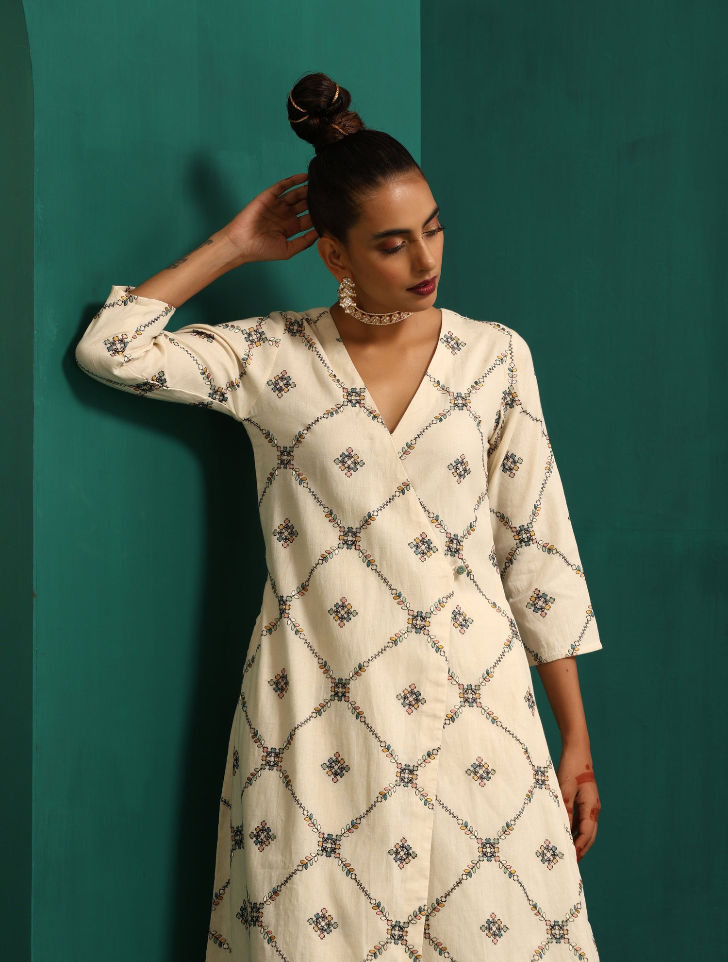 trueBrowns Ivory Embroidered Angrakha Kurta Pant Set