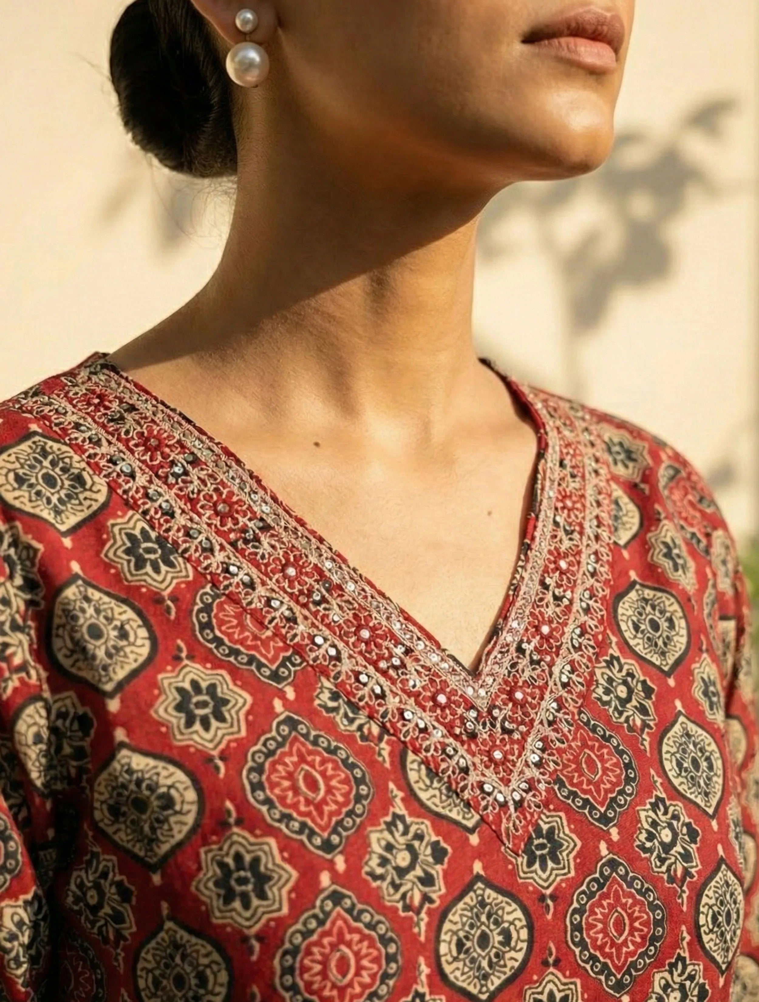 trueBrowns Red Print Embroidered V-Neck Kurta Pant Dupatta Set