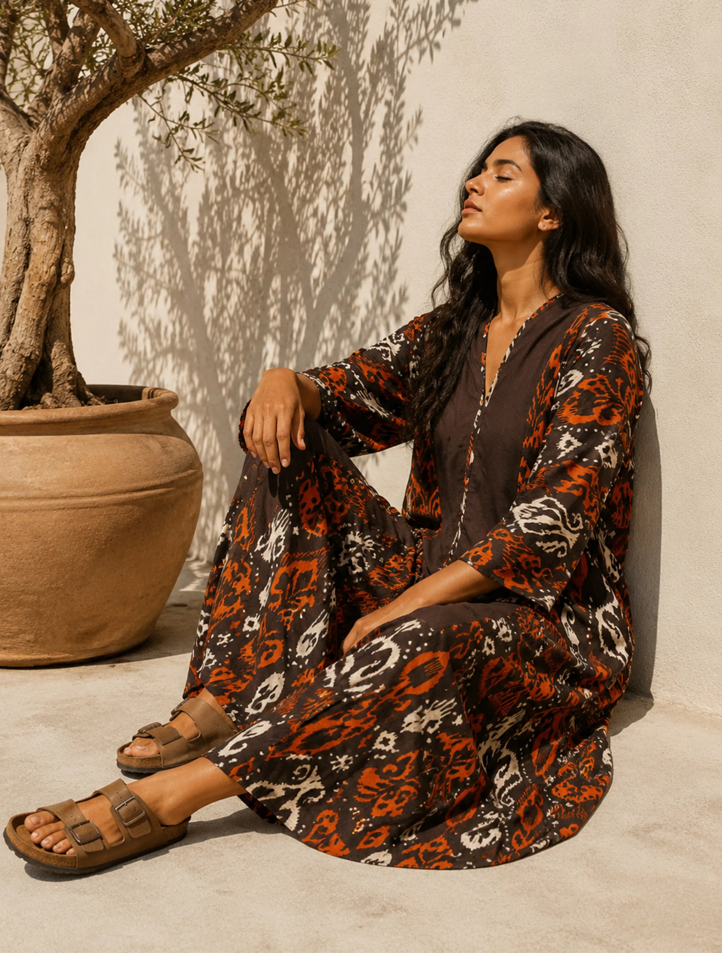trueBrowns Cola Orange Ikat Print Cotton Kaftan Kurta Set