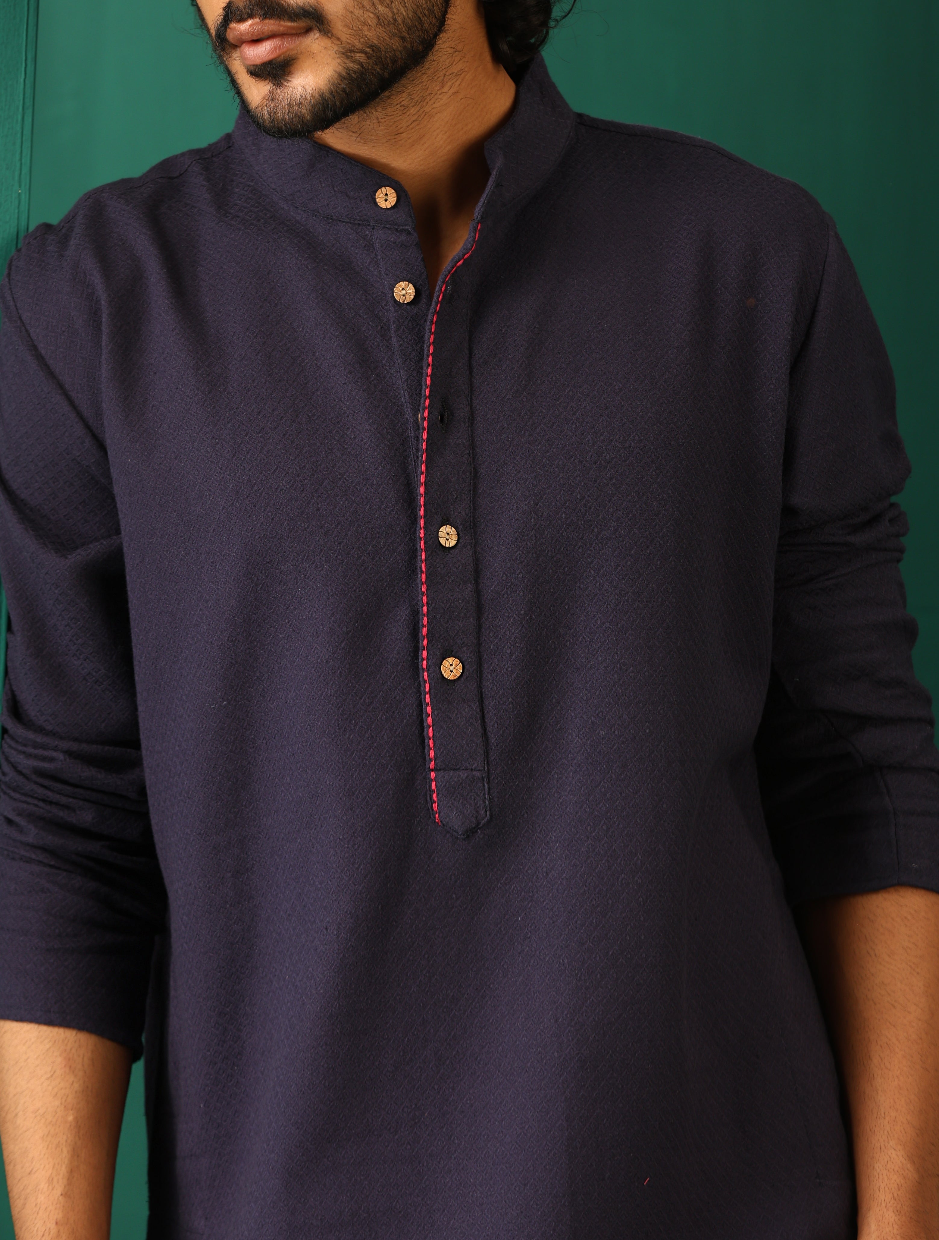 trueBrowns Men Navy Dobby Textured Kurta