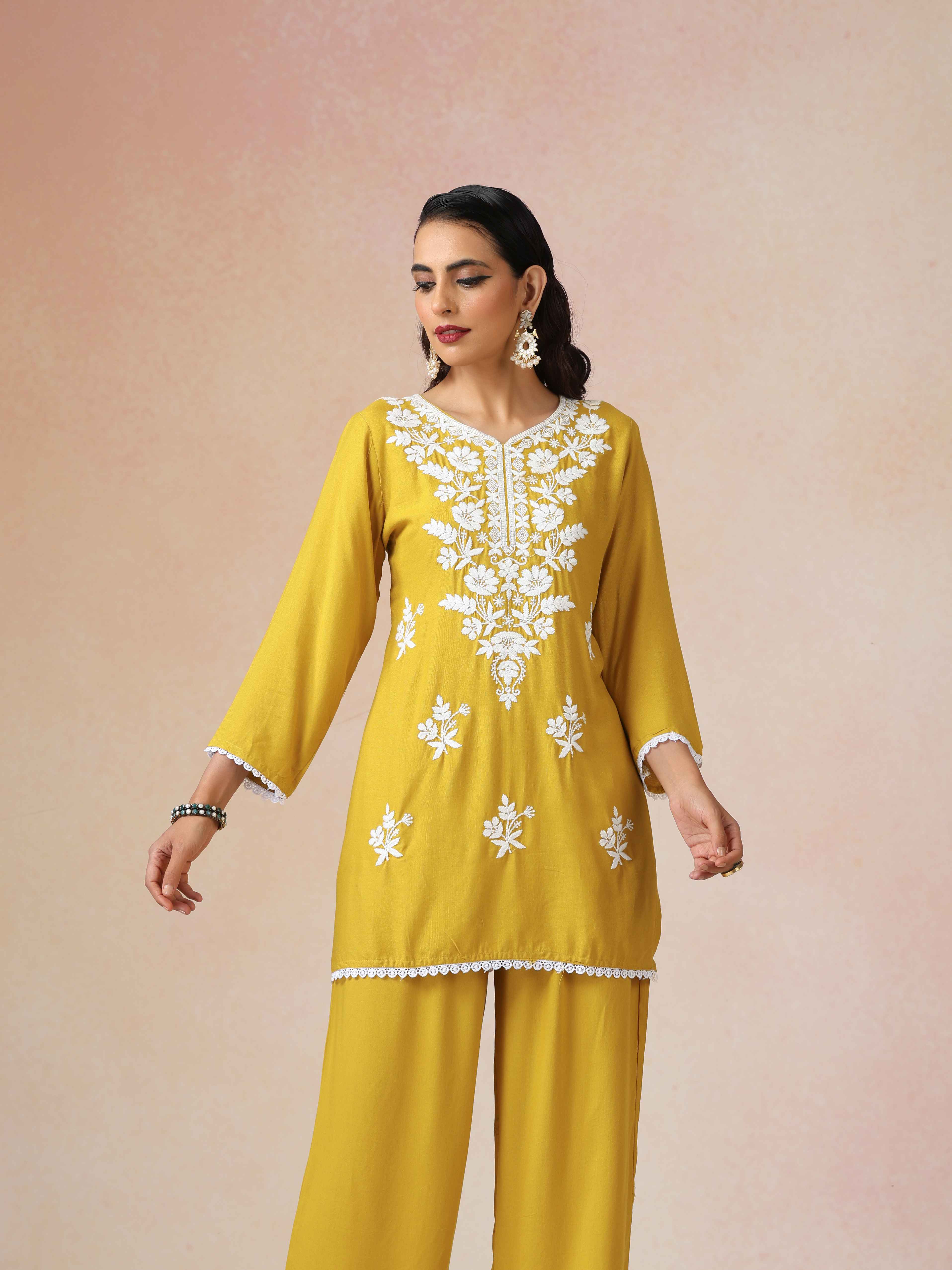 trueBrowns Yellow Embroidered Straight Kurta Co-Ord Set