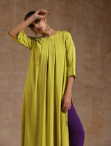 Lime Modal Neck Pleat Kurta Set