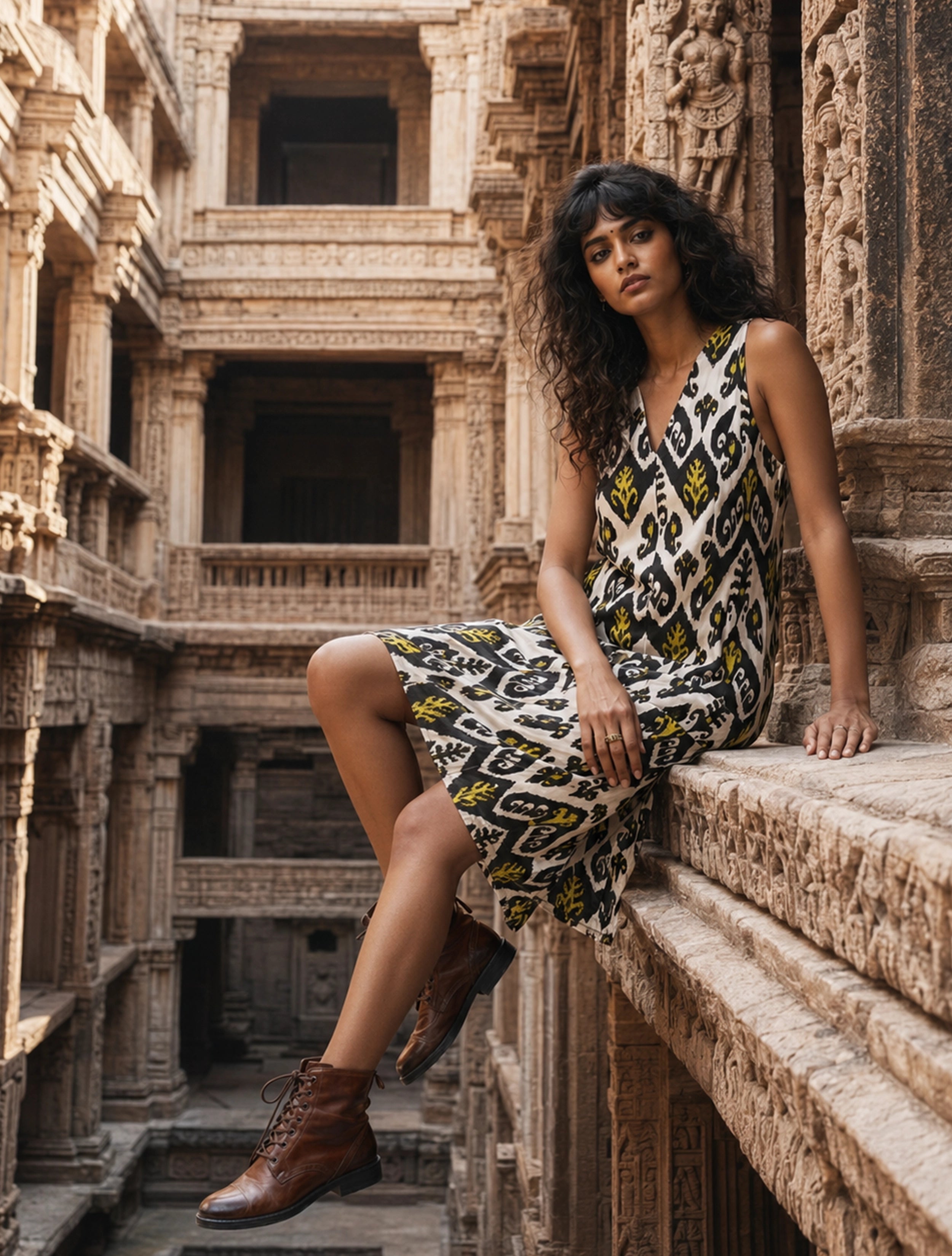trueBrowns Black White Ikat Print Cotton Sleeveless Short Dress