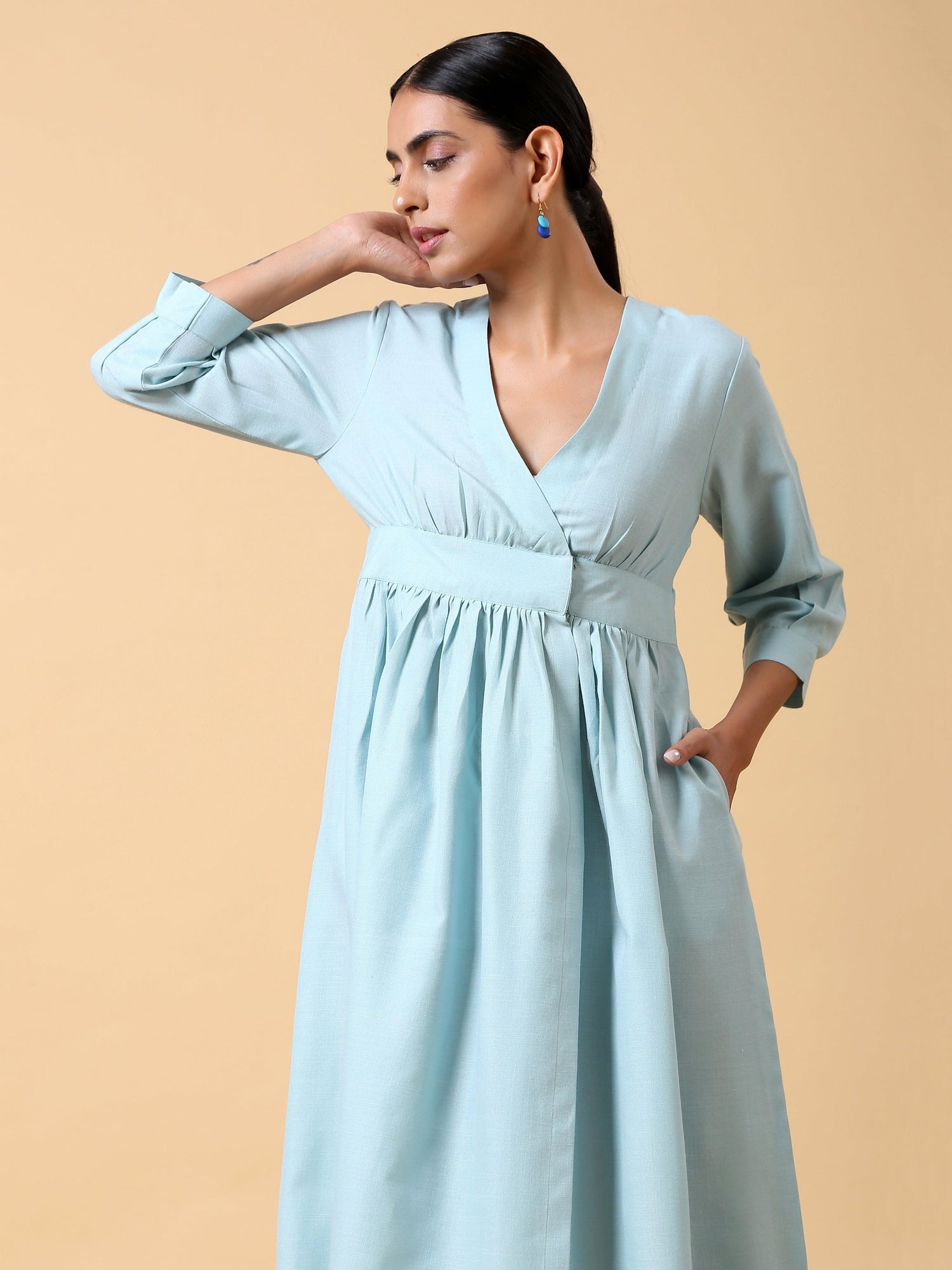 Cotton Linen Light Blue Wrap Dress - trueBrowns