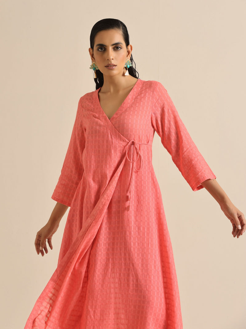 Bright Pink Dobby Angrakha Kurta Pant Set