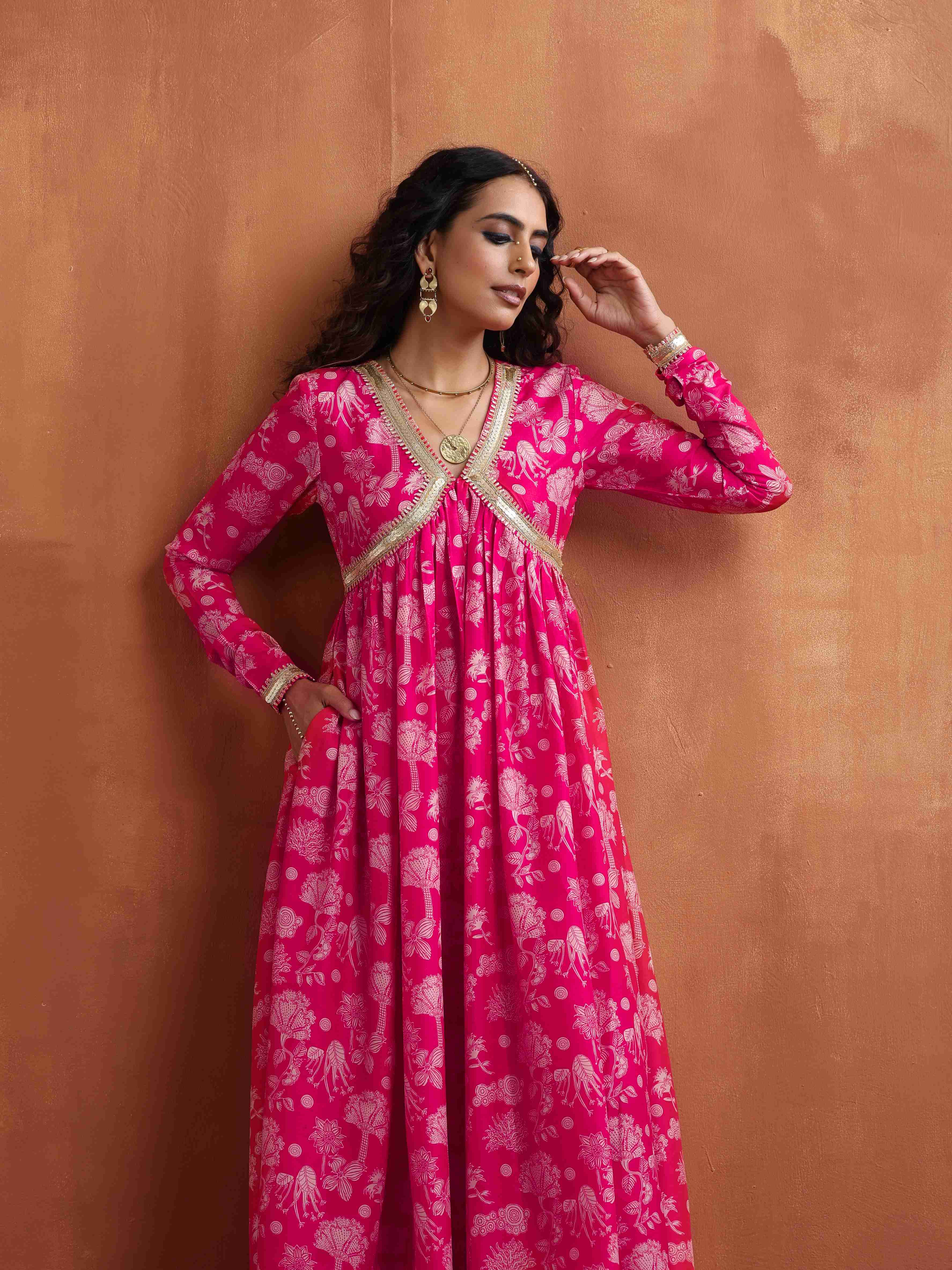 trueBrowns Red Print Flared Anarkali Kurta Set