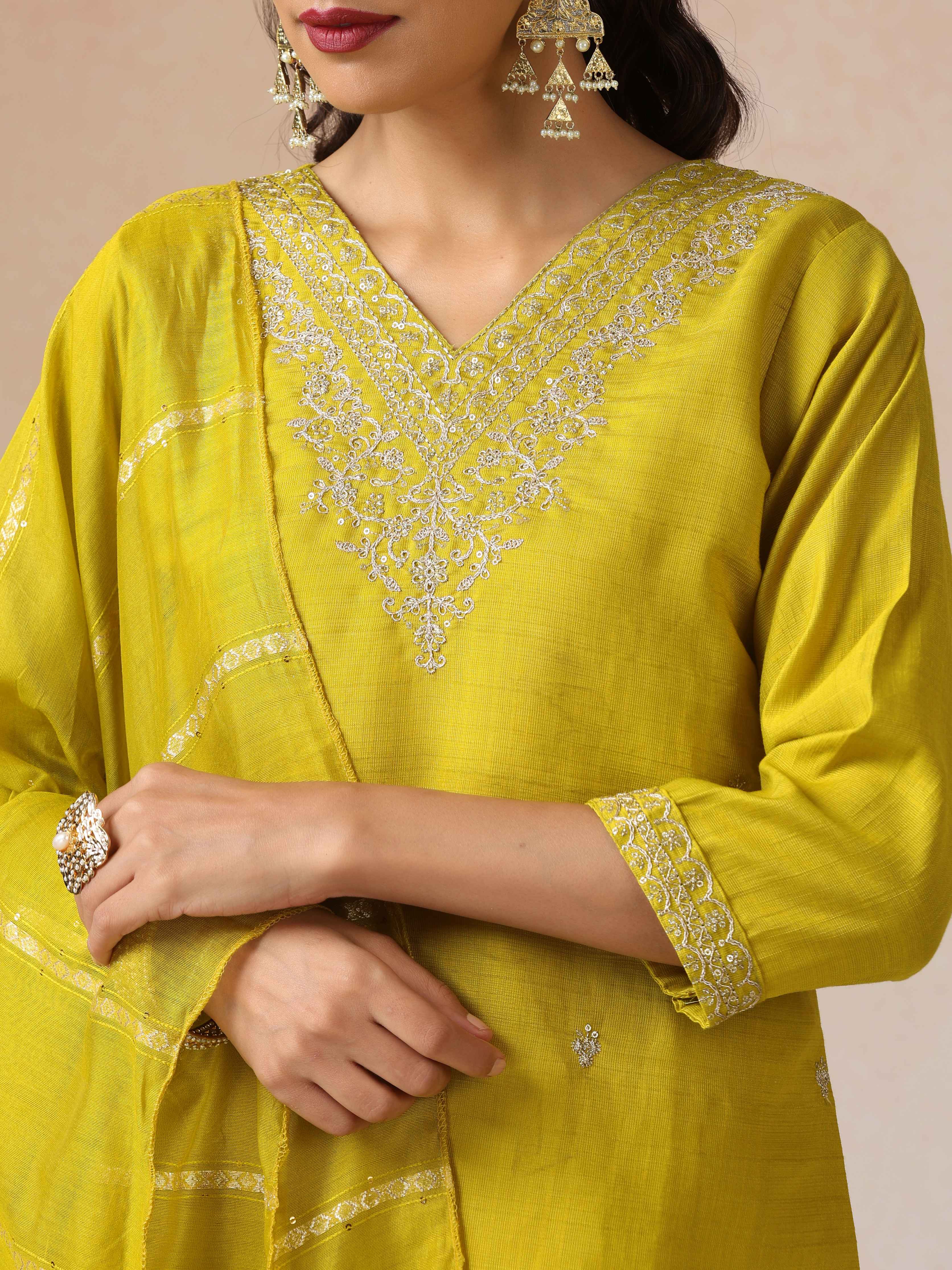 trueBrowns Lime All Over Embroidered Straight Kurta 3pc Set