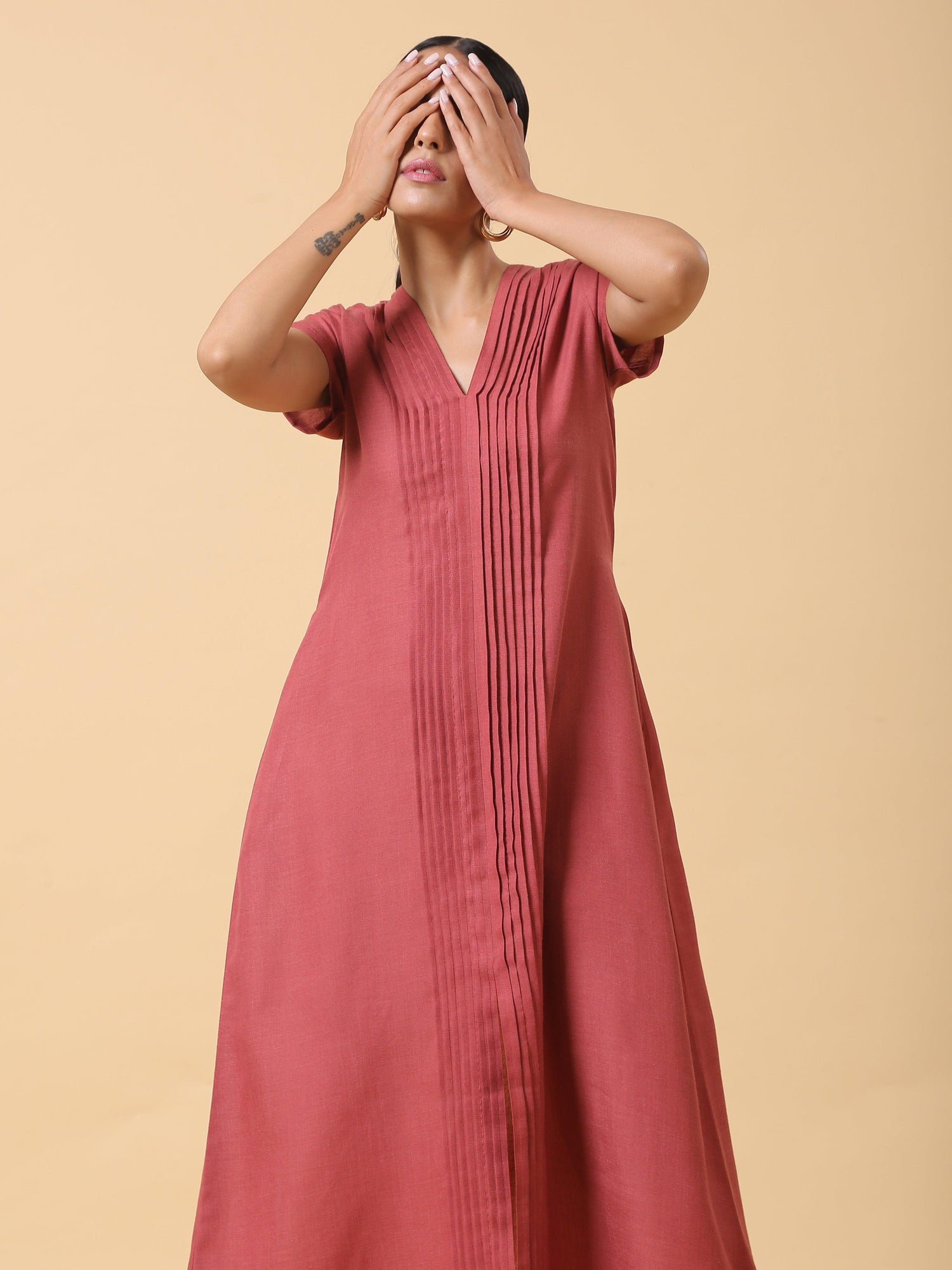 Cotton Linen Rust Red Pleated Dress - trueBrowns