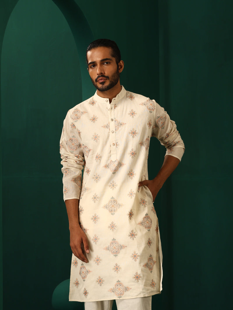 trueBrowns Men Ivory Peach Embroidered Kurta