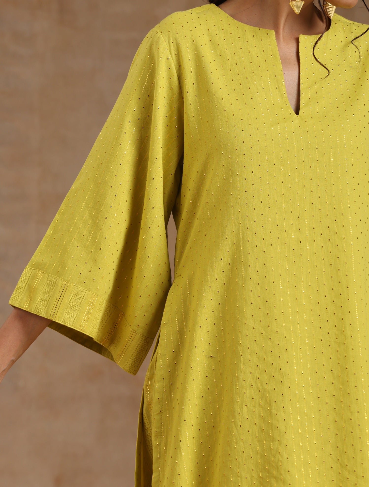 Lime Gold Cotton Relax High Slit Kurta Set