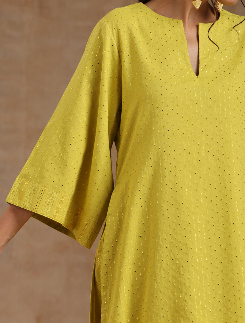 Lime Gold Cotton Relax High Slit Kurta Set