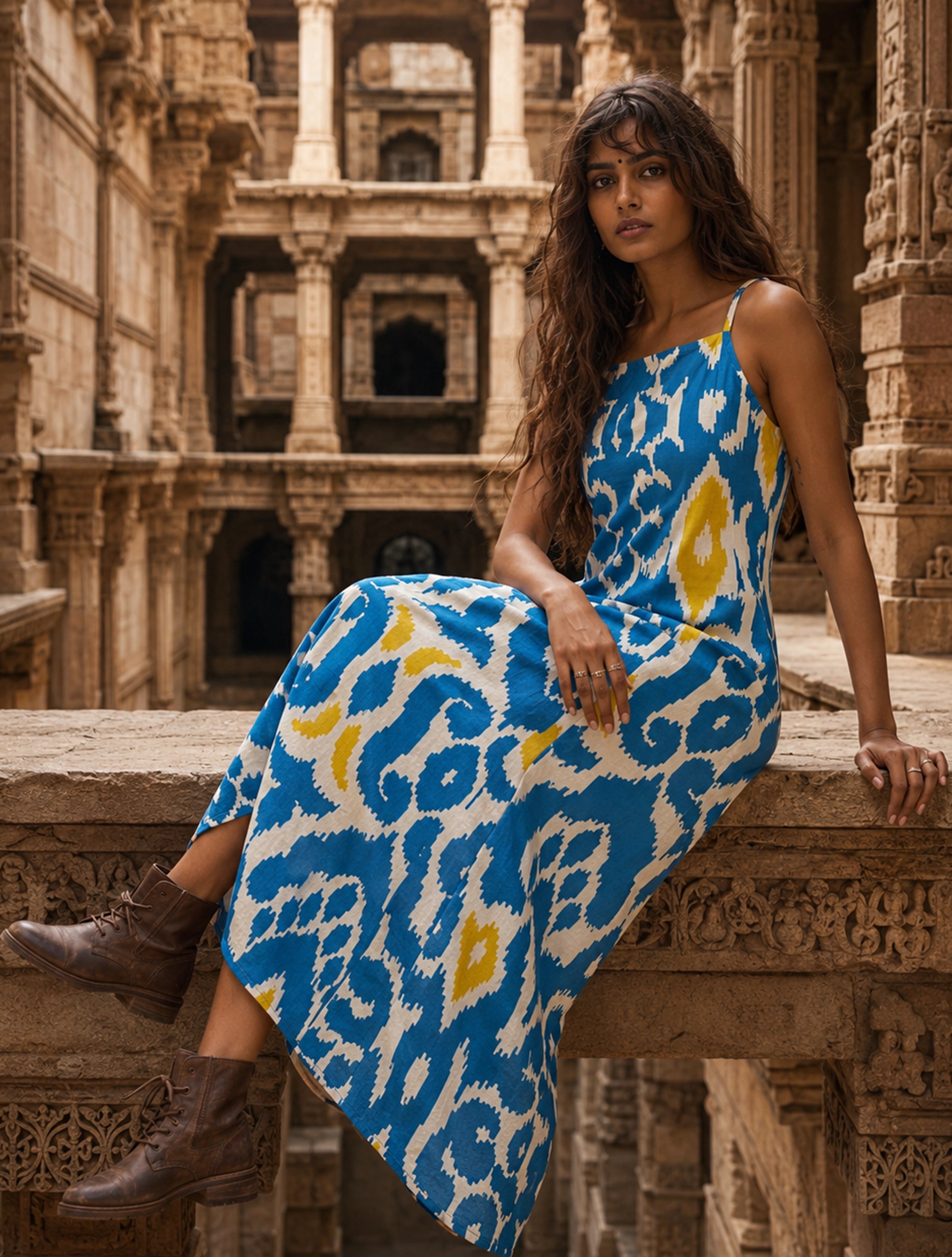 trueBrowns Blue Ikat Print Cotton Strappy Maxi Dress