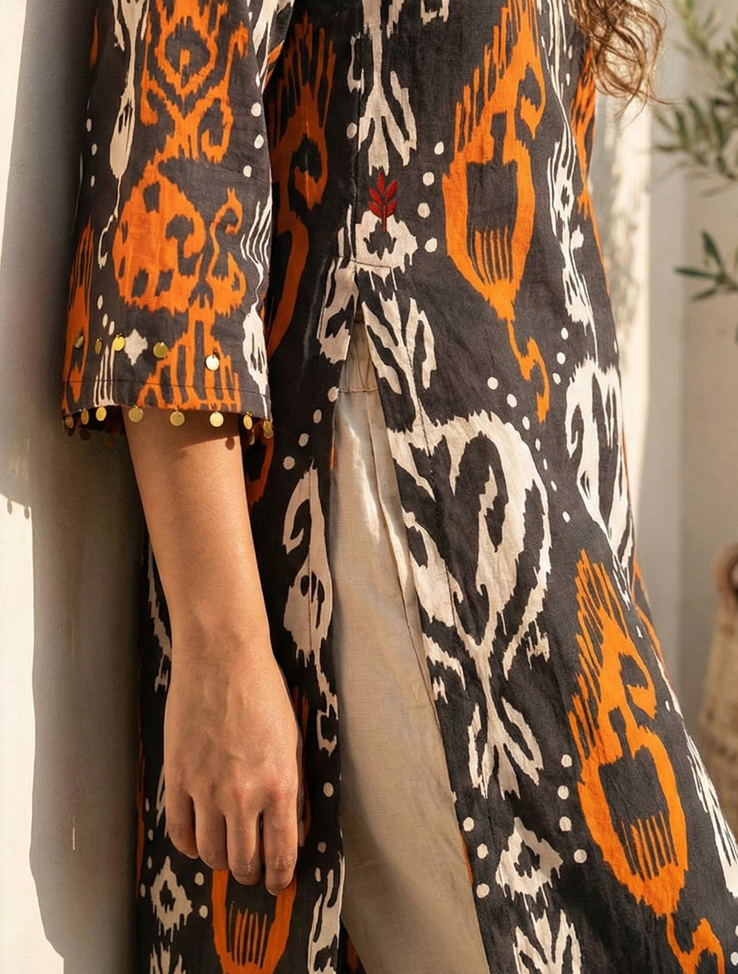 trueBrowns Cola Orange Ikat Print Cotton High-Slit Kurta Set
