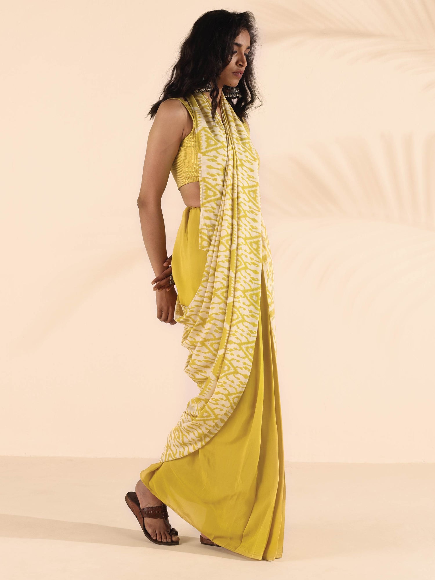 trueBrowns Lime Muslin Ikat Saree