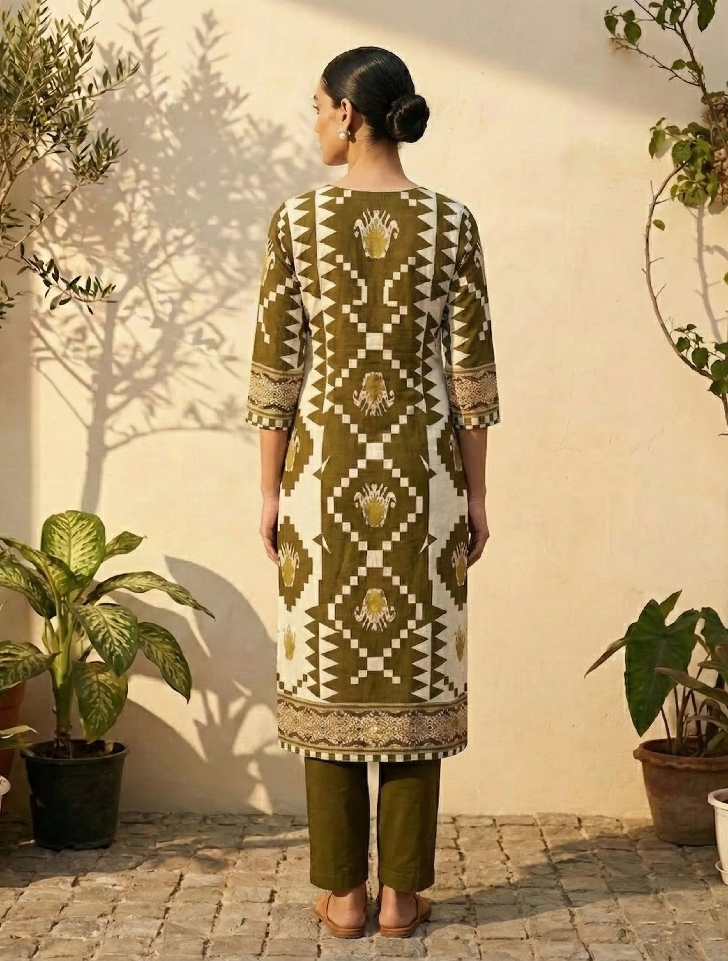 trueBrowns Olive Green Printed Kurta Pant Dupatta Set