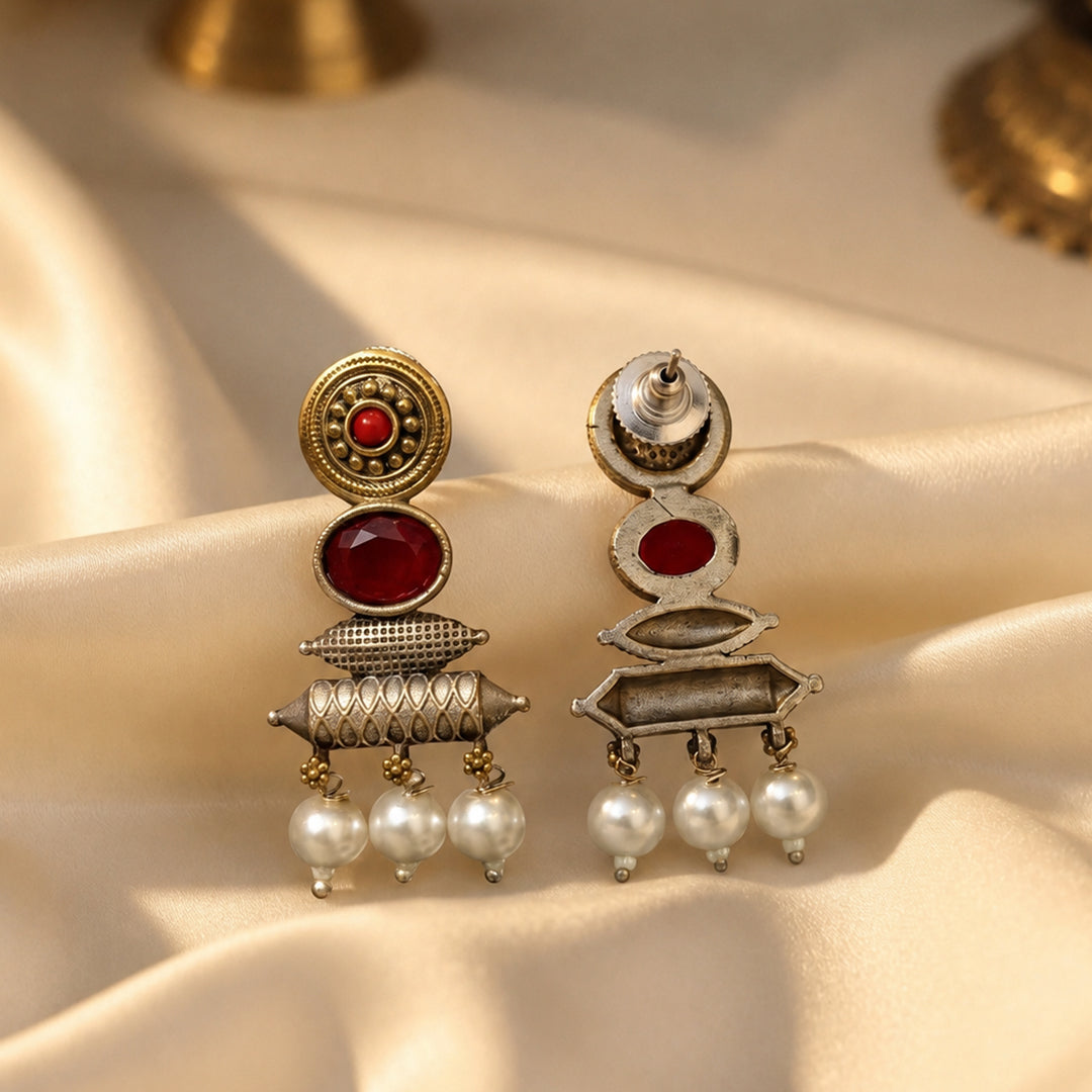 trueBrowns Red Stone Pearl Drop Earrings