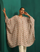 trueBrowns Off White Floral Muslin Silk Printed Kaftan Pant Set