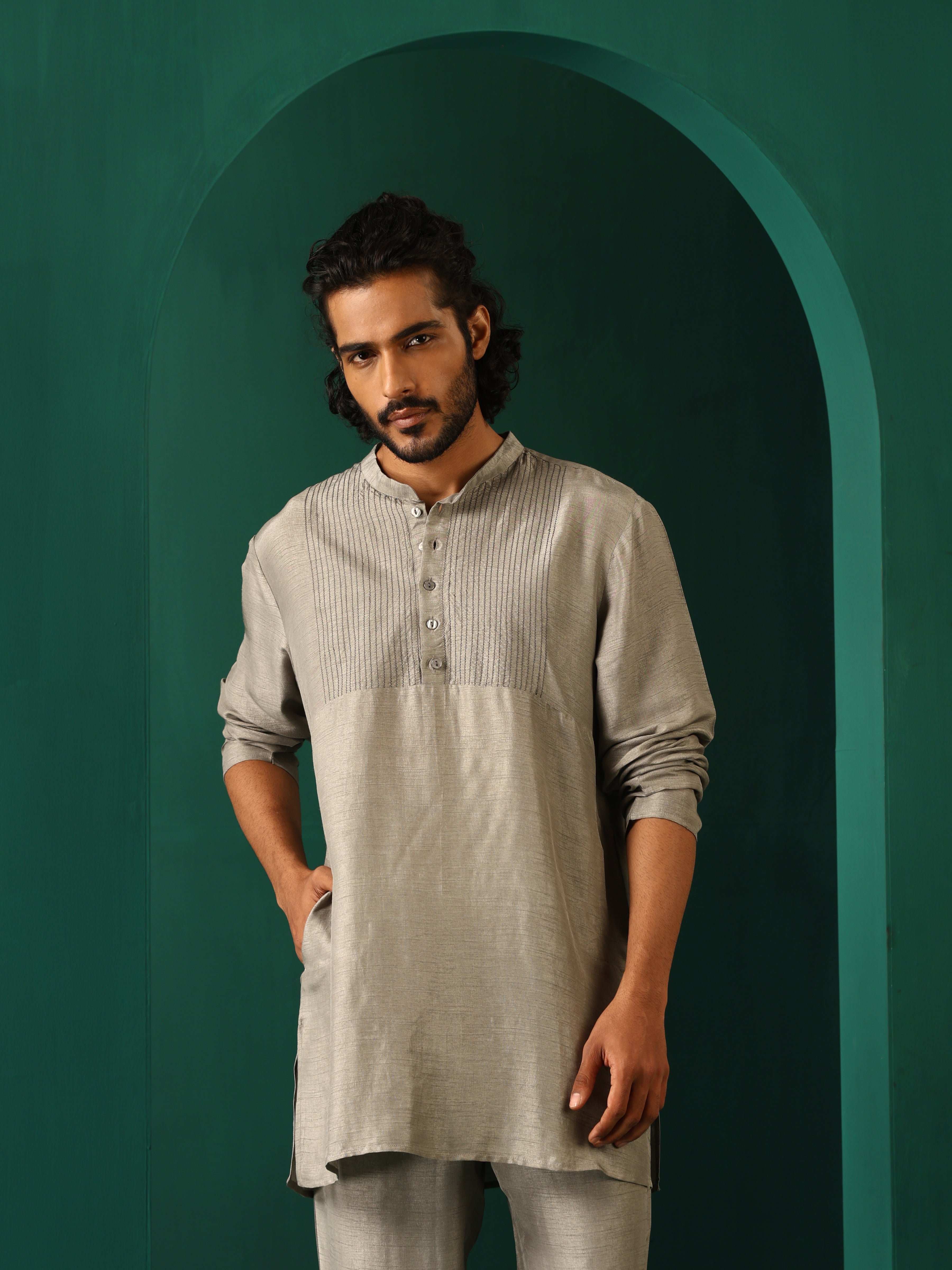 trueBrowns Men Grey Silk Co-ord Set Yoke Detail