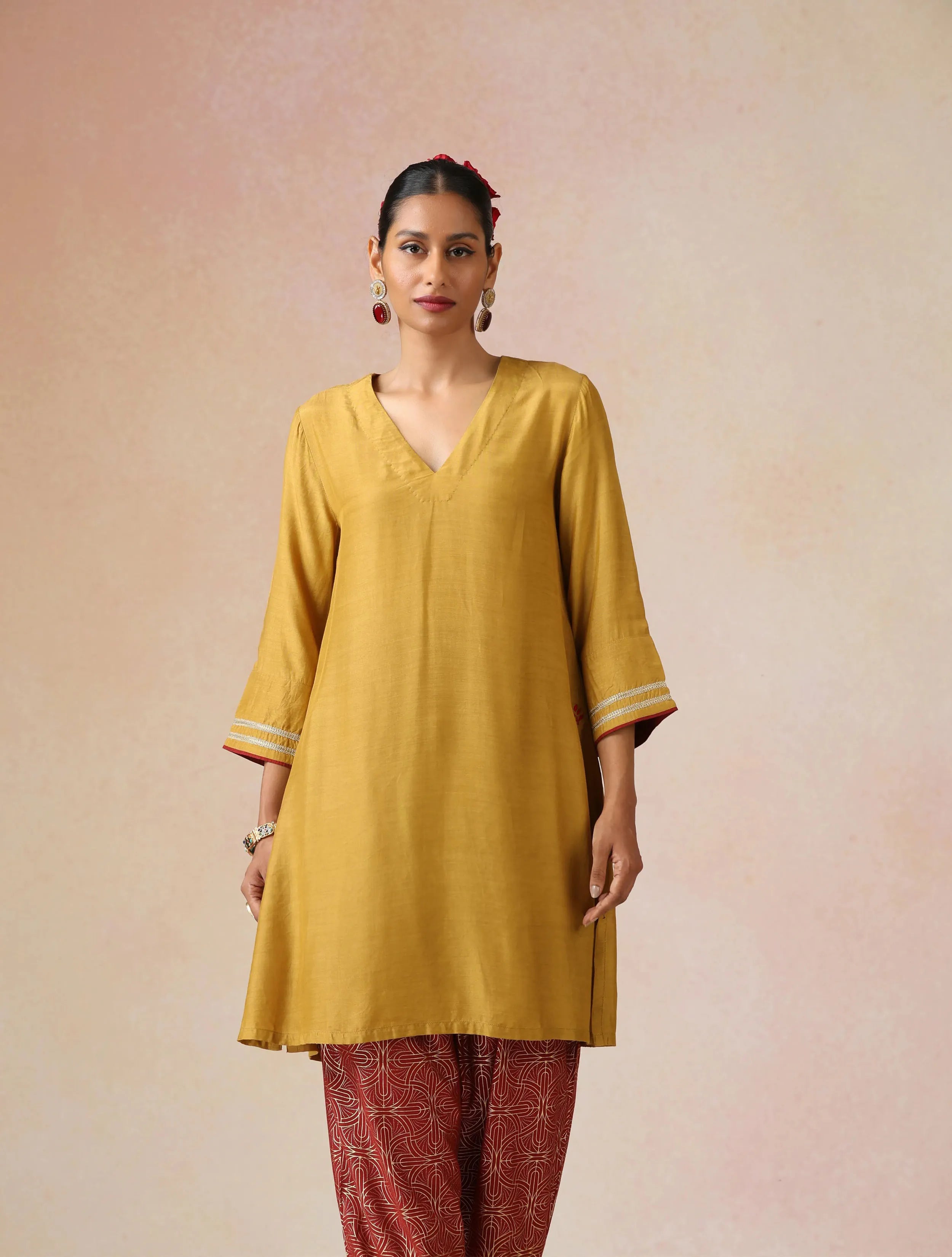 trueBrowns Mustard Gold Foil Print Muslin Silk Kurta Farsi Pants Set