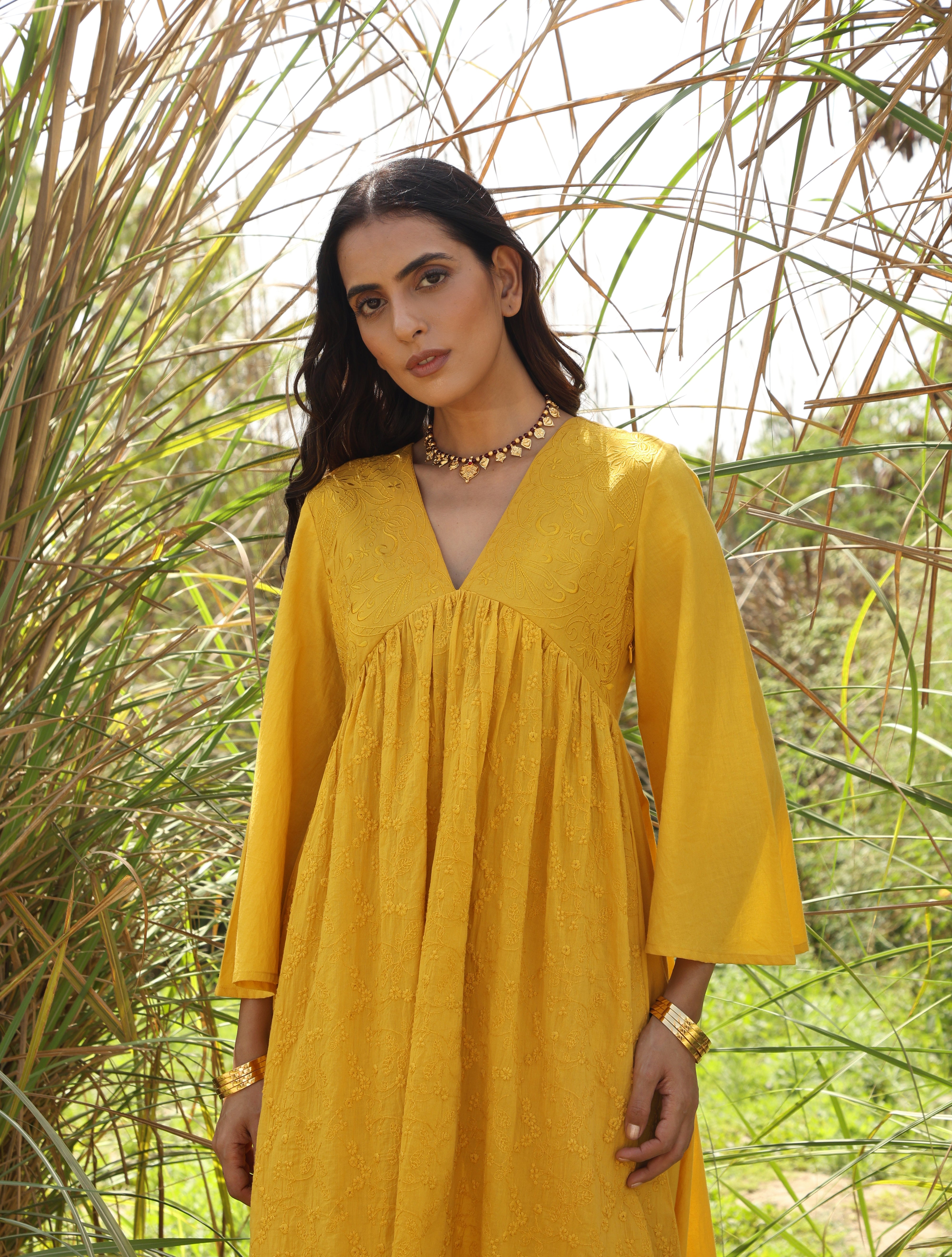 trueBrowns Mustard Cotton Embroidered Flared Kurta Set