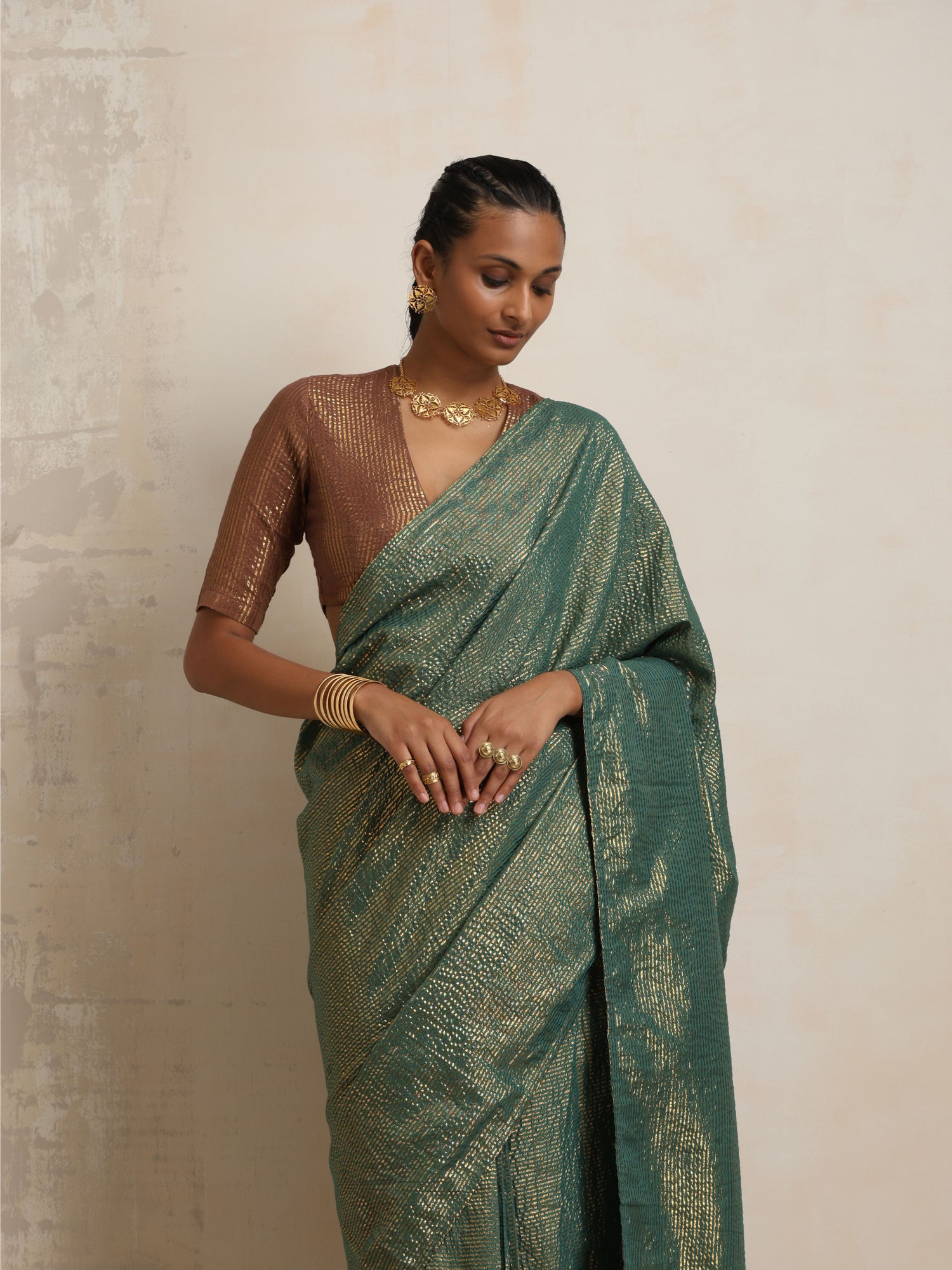 trueBrowns Dark Green Gold Lurex Ready To Wear Saree