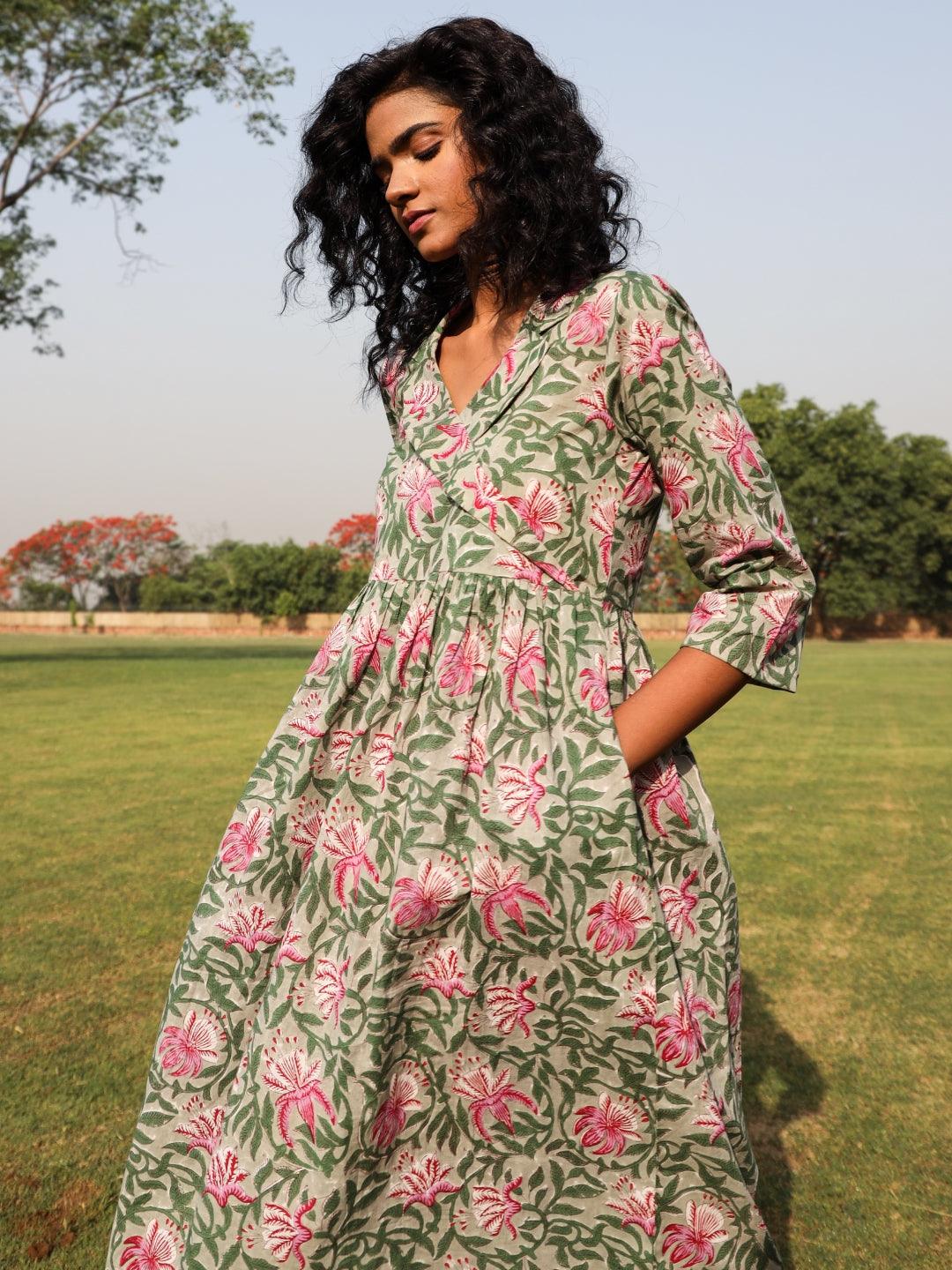 Sage Cotton Block Print Lapel Collared Dress - trueBrowns