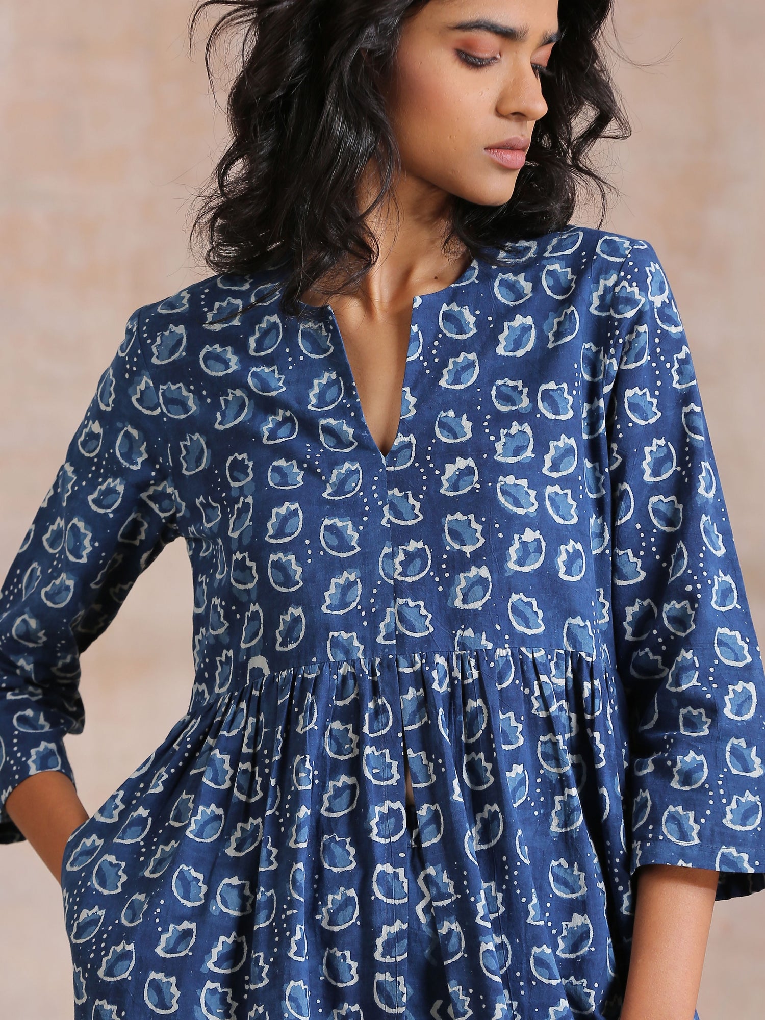 Indigo Dabu Floral Print Cotton Kurta Pant Set