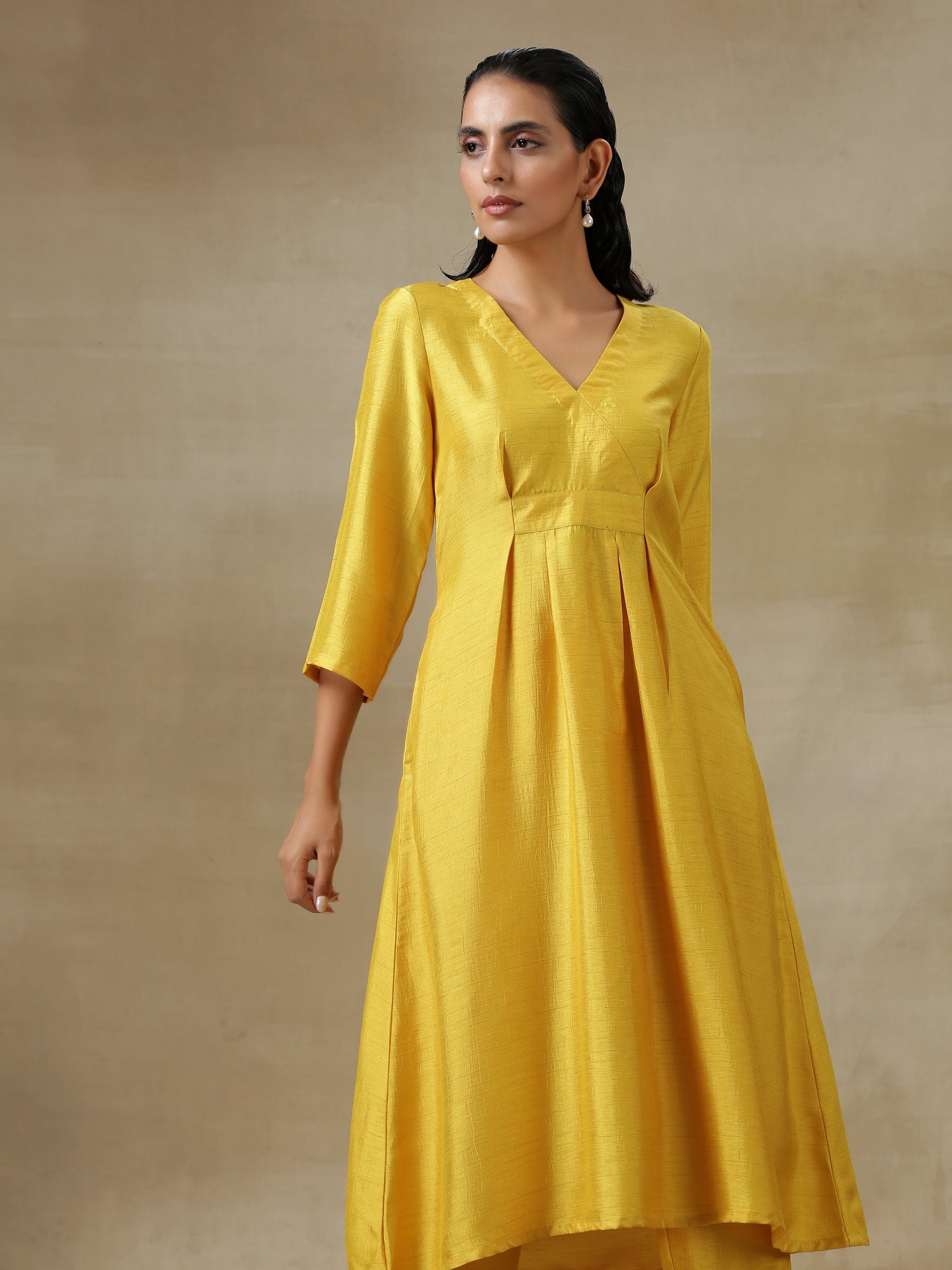 Yellow Textured Silk Overlap Pleat Kurta Pant Set