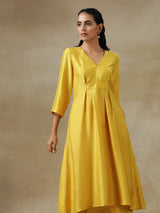 Yellow Textured Silk Overlap Pleat Kurta Pant Set