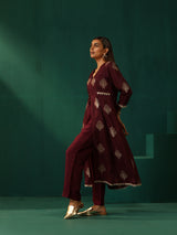 trueBrowns Wine Geometric Viscose Silk Kurta Pant Set