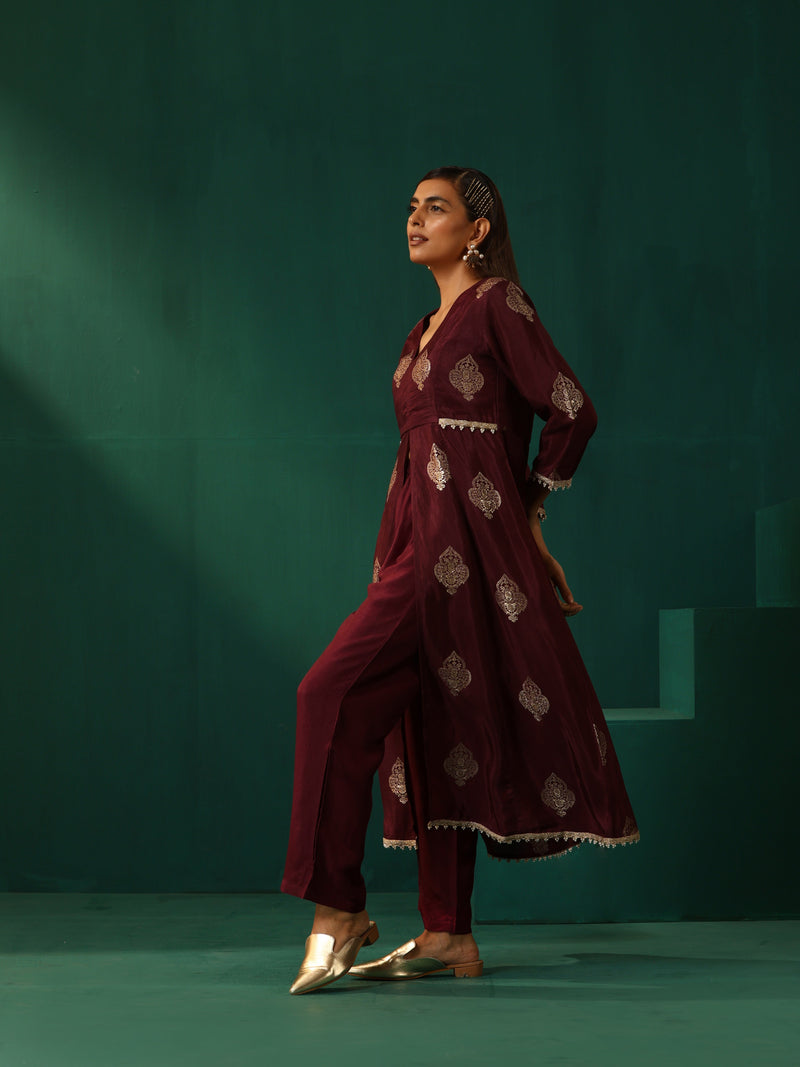 trueBrowns Wine Geometric Viscose Silk Kurta Pant Set