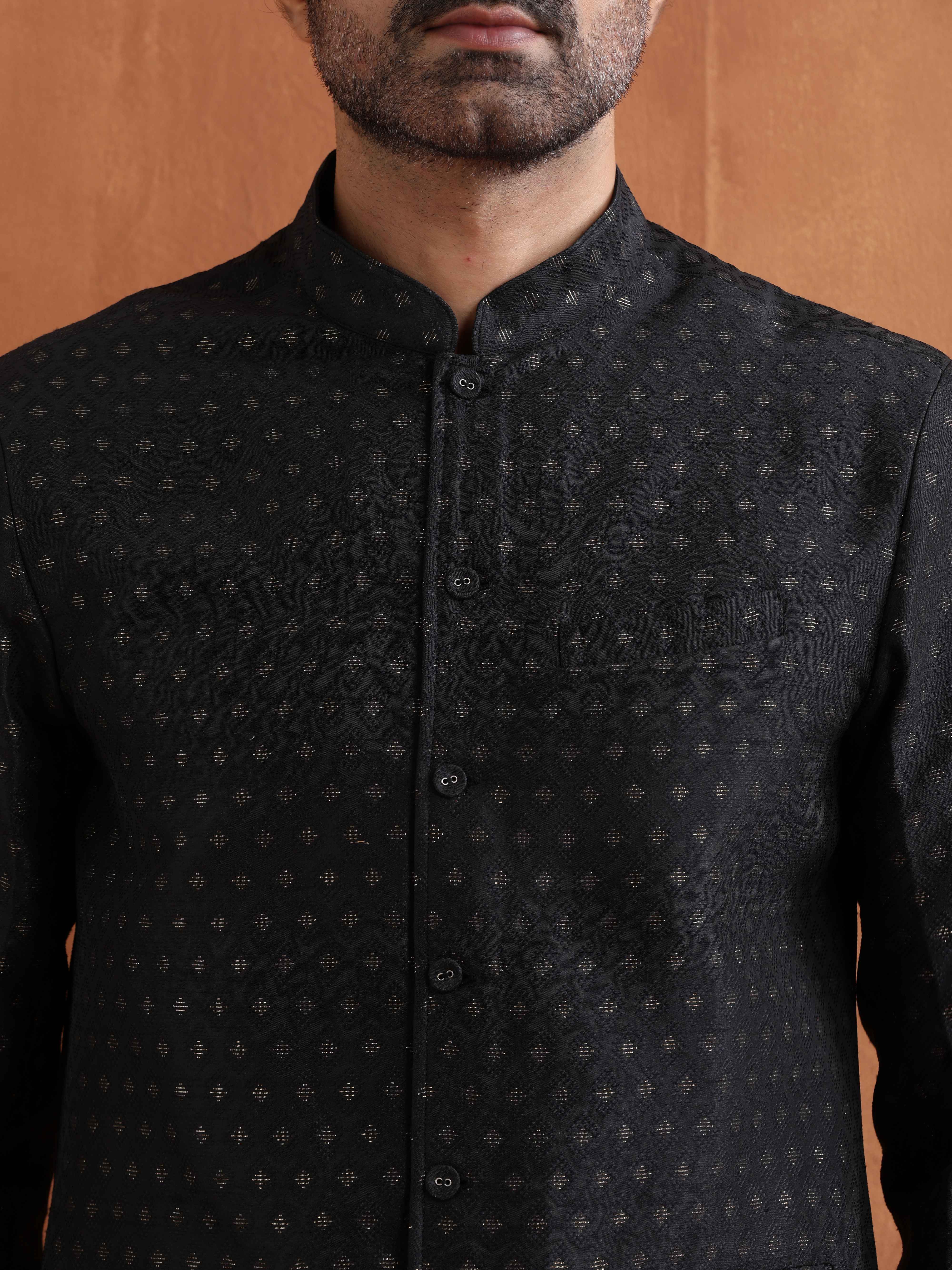 trueBrowns Men's Black Chanderi Long Jacket