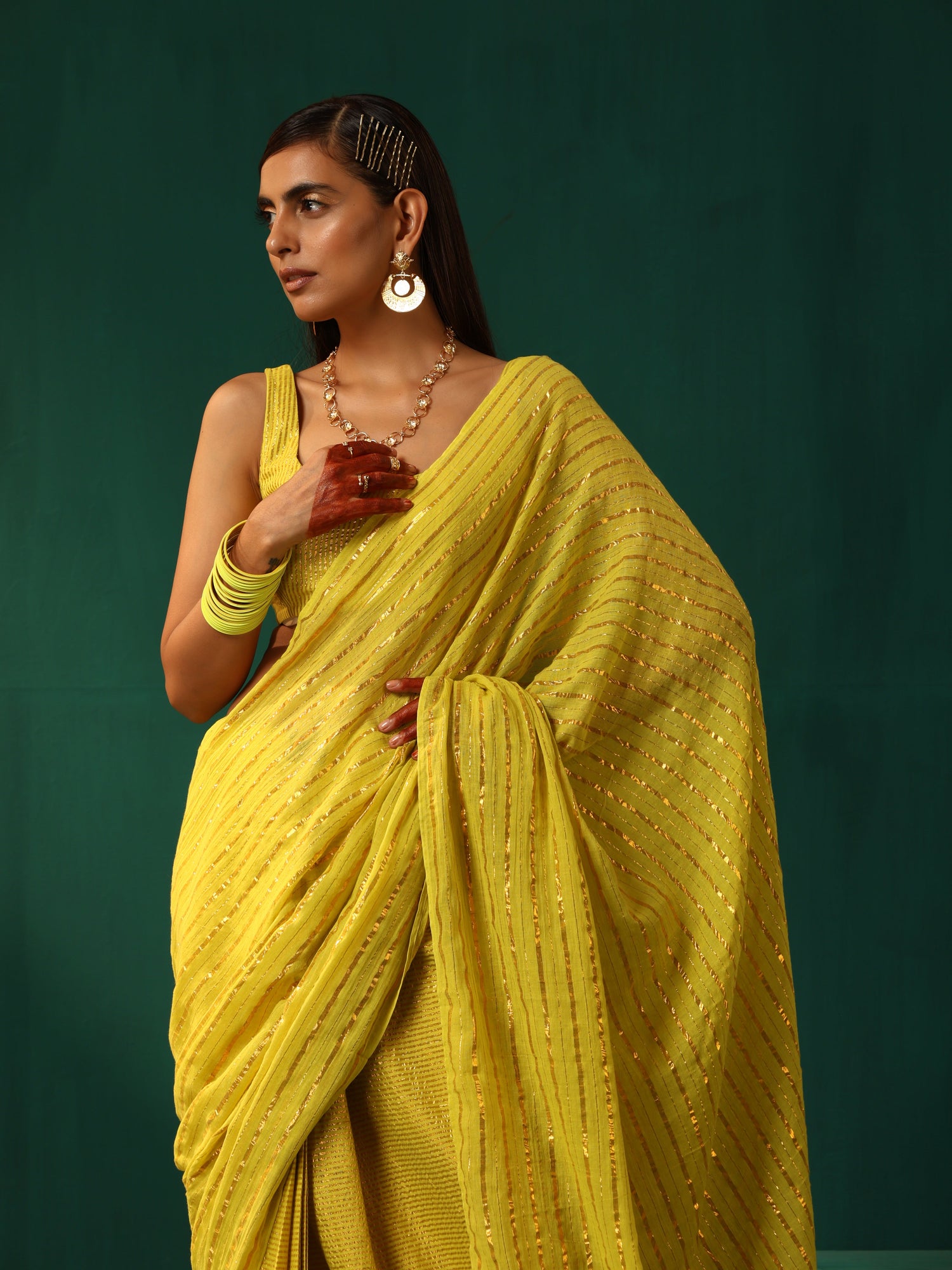 trueBrowns Lime Cotton Gold Striped Ready To Wear Saree