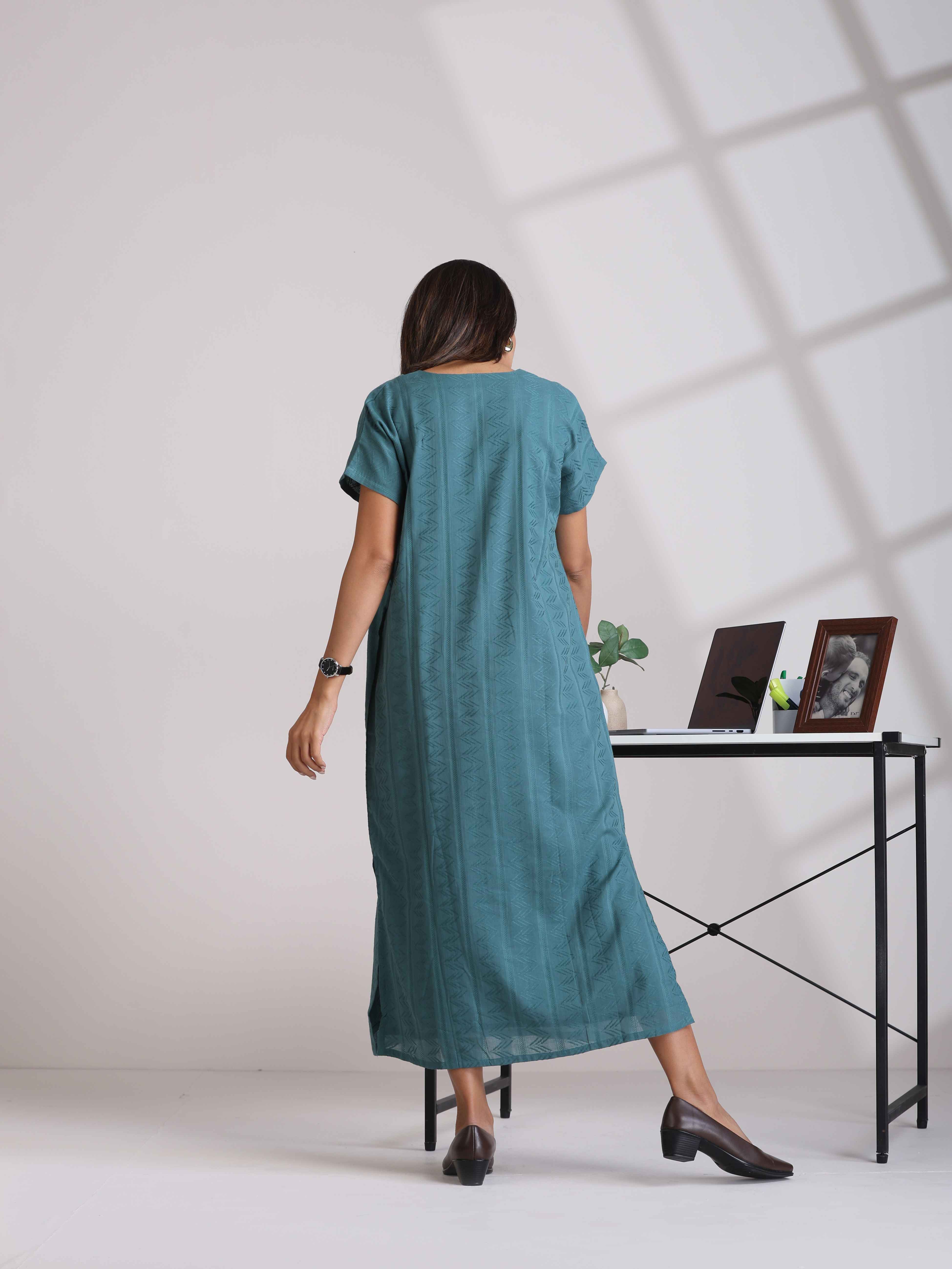 trueBrowns Turquoise Cotton Dobby Dress