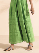 trueBrowns Green Cotton Dobby Yoke Dress