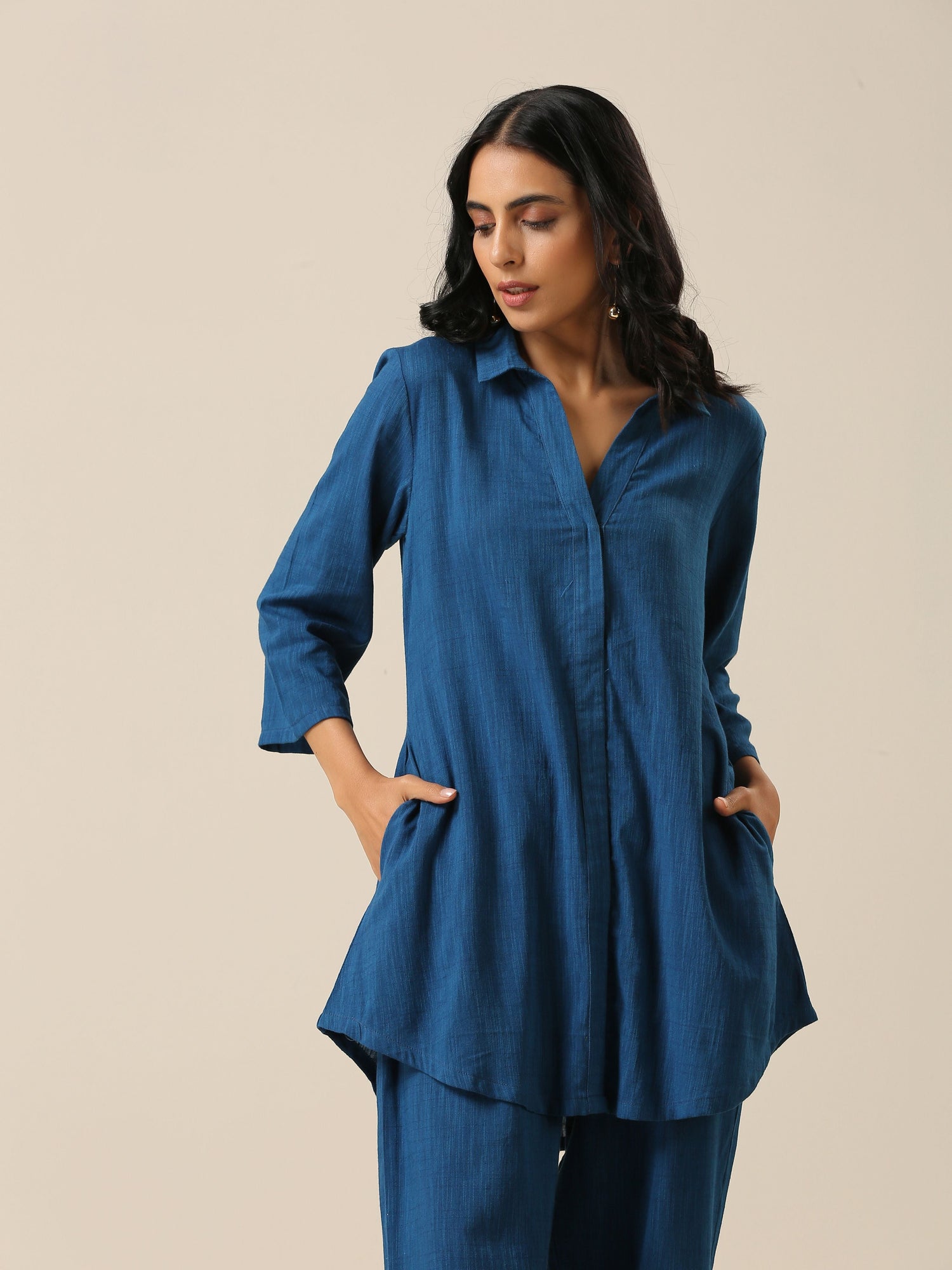 Classic Blue Slub Texture Collar Short Co-Ord Set