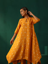 trueBrowns Mustard Geometric Viscose Silk Kurta Pant Set